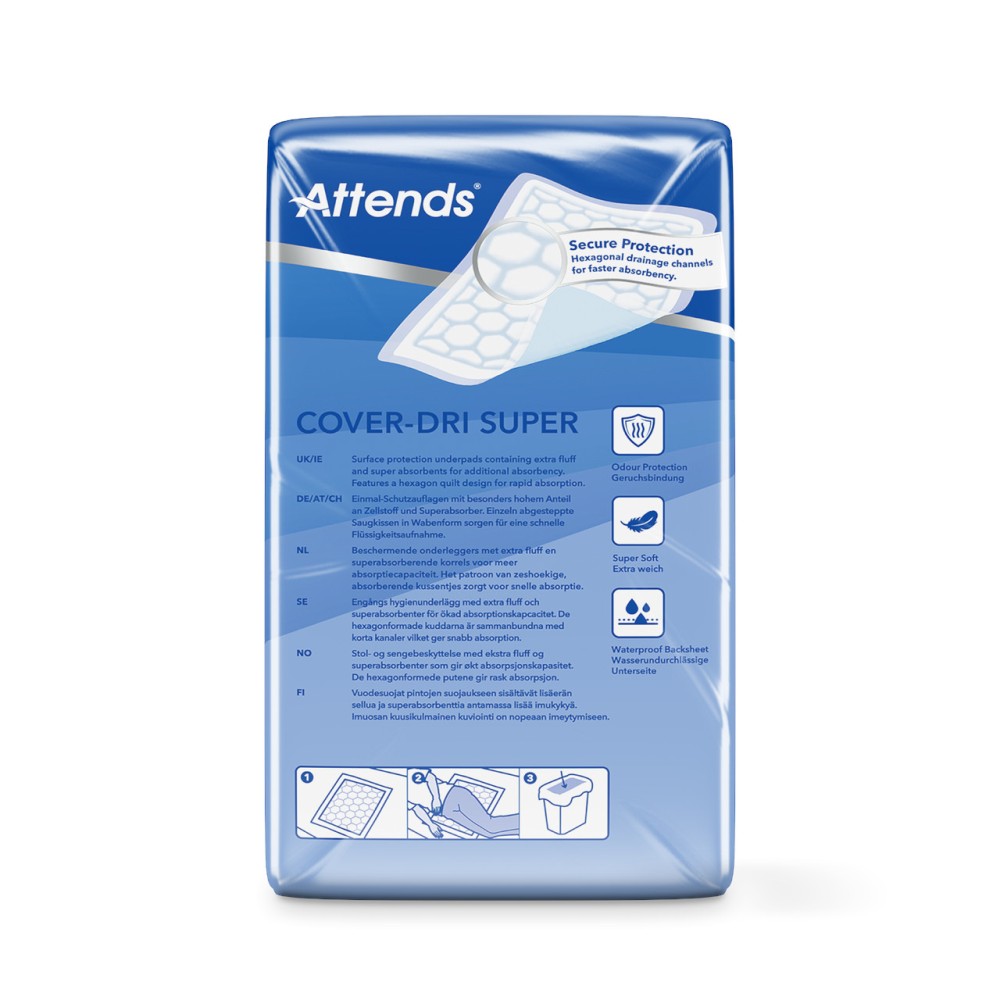 Attends DRI Plus Schutzauflage in der Größe 60 x 60 cm. Die Auflage ist in einem weißen, leicht strukturierten Material gestaltet, das auf der Oberseite eine sanfte und flauschige Oberfläche bietet. Die Ränder sind gut verarbeitet und die gesamte Auflage wirkt robust und langlebig. Ideal für den Einsatz bei Inkontinenz oder zur Schonung von Möbeln. Die Verpackung ist aufgerollt und zeigt das Produkt in einer entsprechenden Kunststofffolie, gut sichtbar das Logo „Attends“ und wichtige Produktinformationen.