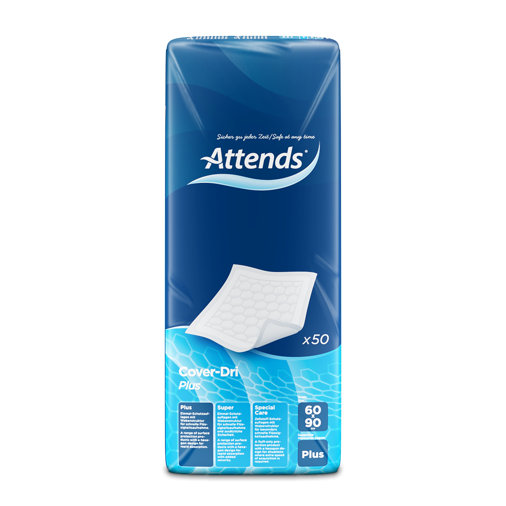 Weiße Schutzauflage mit einer glatten Oberfläche und leichter Struktur. Die Auflage hat die Maße 60 x 90 cm und bietet einen hohen Saugfähigkeitsgrad, erkennbar durch die seitlichen Rollkanten, die ein Auslaufen verhindern. Sie ist flexibel und ideal zur Anwendung auf Matratzen oder Möbeln. In der oberen linken Ecke ist das Logo "Attends" sichtbar, das die Marke kennzeichnet.