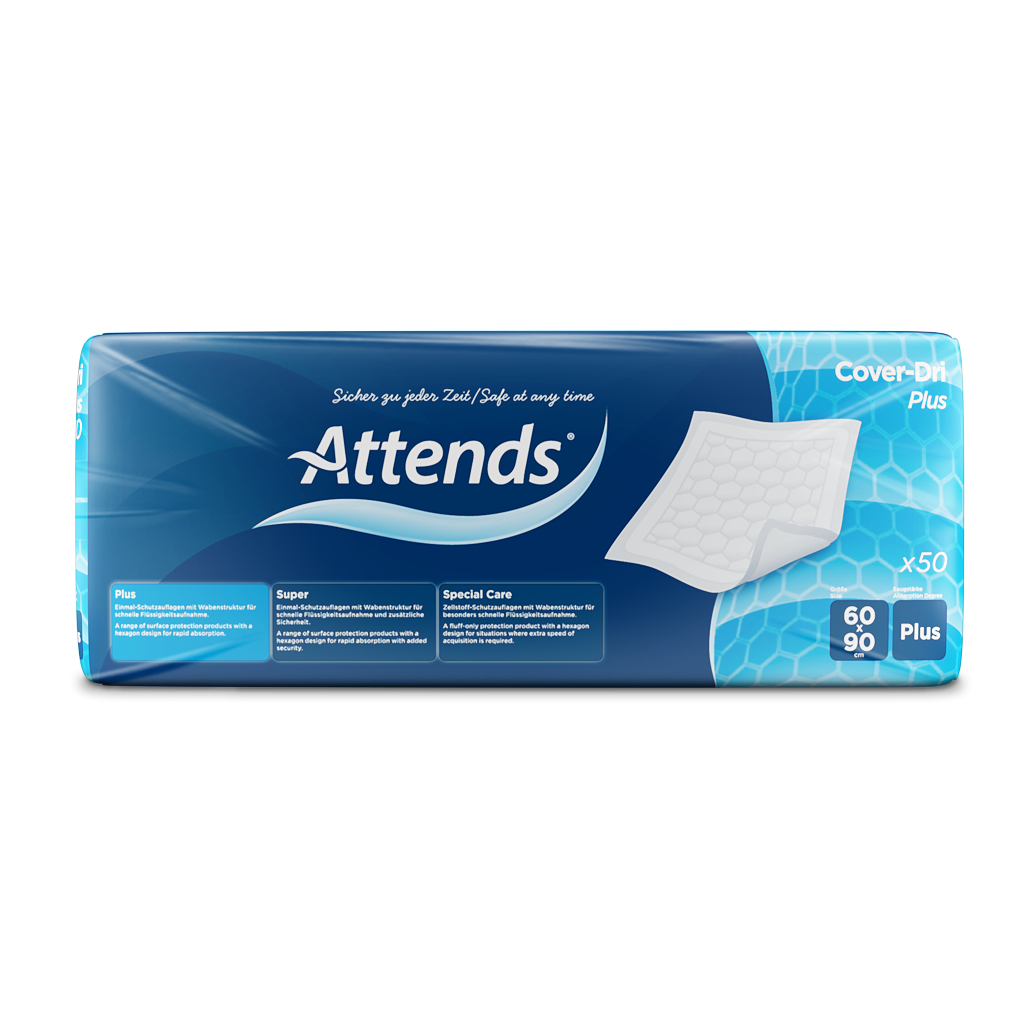 Auf dem Bild ist eine Schutzauflage von Attends zu sehen, die für den Einsatz im Erwachsenenpflegebereich konzipiert ist. Die rechteckige Auflage hat die Maße 60 x 90 cm und ist in einem sanften, hellen Farbton gehalten. Die Oberfläche wirkt weich und bequem, während die Ränder mit einer elastischen Borte versehen sind, die für einen guten Halt sorgt. Die Auflage ist darauf ausgelegt, Feuchtigkeit zu absorbieren, und eignet sich ideal für Betten oder Stühle.