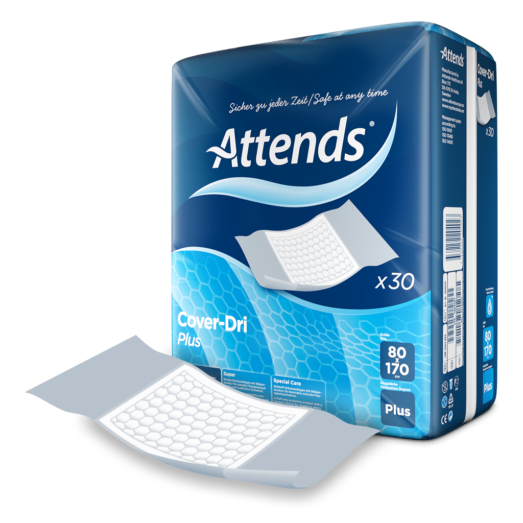 Das Bild zeigt eine Schutzauflage von Attends, Modell Dri Plus, in der Größe 80 x 170 cm. Die Auflage ist auf einem hellen Untergrund platziert und hebt sich durch ihre transparente, gepolsterte Struktur ab. Die Oberfläche ist glatt und hat abgerundete Ecken, was auf eine hochwertige Verarbeitung hinweist. Sie ist für den Schutz von Matratzen und anderen Möbeln vor Nässe und Verschmutzungen konzipiert. Die Auflage eignet sich ideal für den Einsatz im Pflegebereich oder bei Inkontinenz.