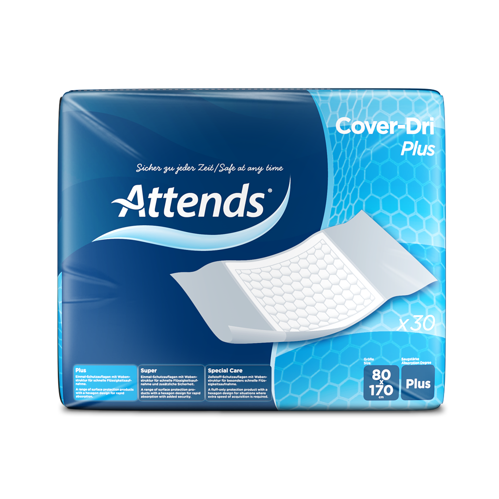 Produktbild einer großen Schutzauflage von Attends, Modell Dri Plus, in der Größe 80 x 170 cm. Die Auflage ist saugfähig und bietet optimalen Schutz für Möbel und Matratzen. Sie zeigt eine weiße Oberfläche mit einer strukturierten, wasserabweisenden Schicht und liegt flach auf einem hellen Untergrund. Die Verpackung hinter der Auflage ist in sanften Farben gehalten und hebt die Produktmerkmale hervor. Ideal für den Einsatz bei Inkontinenz, um Hygiene und Komfort zu gewährleisten.