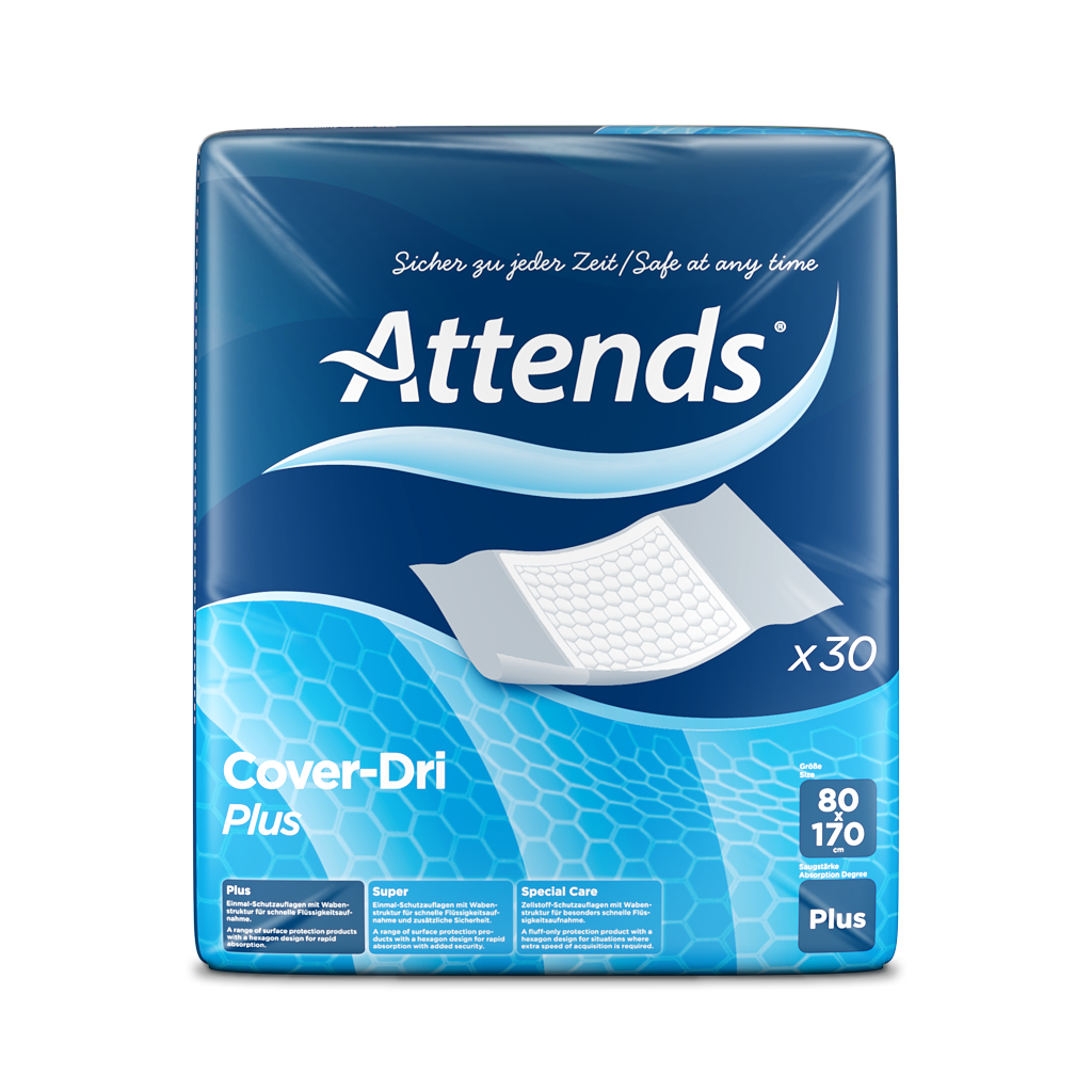 Ein weiches, weißes Schutzauflagenprodukt für Betten, angegeben als „Attends Cover Dri Plus 80 x 170 cm“. Die Auflage hat eine atmungsaktive Oberfläche und eine rutschfeste Unterseite für sicheren Halt. Sie ist mit einer blauen, wasserdichten Schicht ausgestattet, die Flüssigkeiten effektiv absorbiert. Die Verpackung ist ordentlich auf einem weißen Hintergrund platziert und zeigt die Abmessungen 80 x 170 cm klar. Ideal für den Einsatz im Pflegebereich, bietet die Auflage zusätzlichen Komfort und Hygiene.