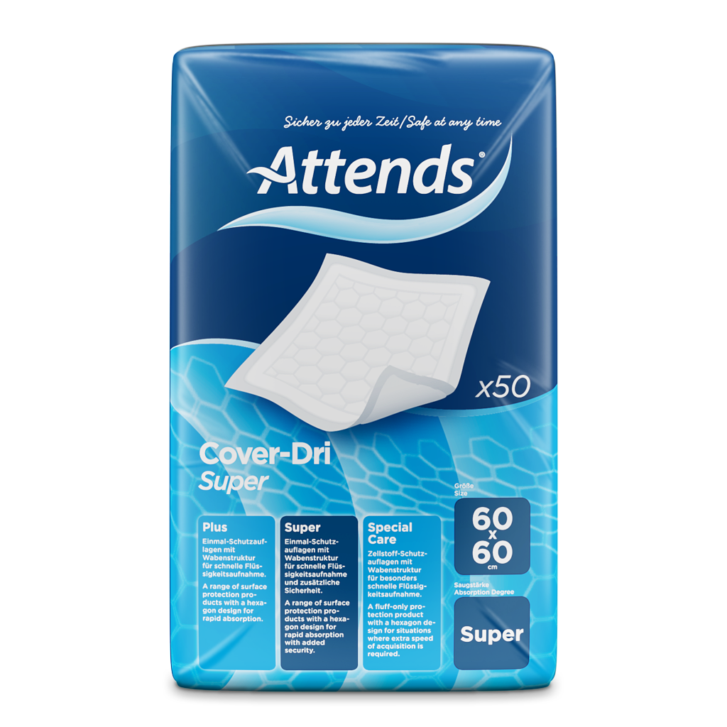 Auf dem Bild ist eine Schutzauflage der Marke Attends zu sehen, die in quadratischer Form gestaltet ist. Die Auflage hat die Maße 60 x 60 cm und ist in einem weißen, hygienischen Design gehalten. Auf der Oberfläche befinden sich lila Akzente, die eine unauffällige und dennoch ansprechende Optik verleihen. Die Materialien scheinen weich und saugfähig zu sein, was auf eine hohe Funktionalität hinweist.