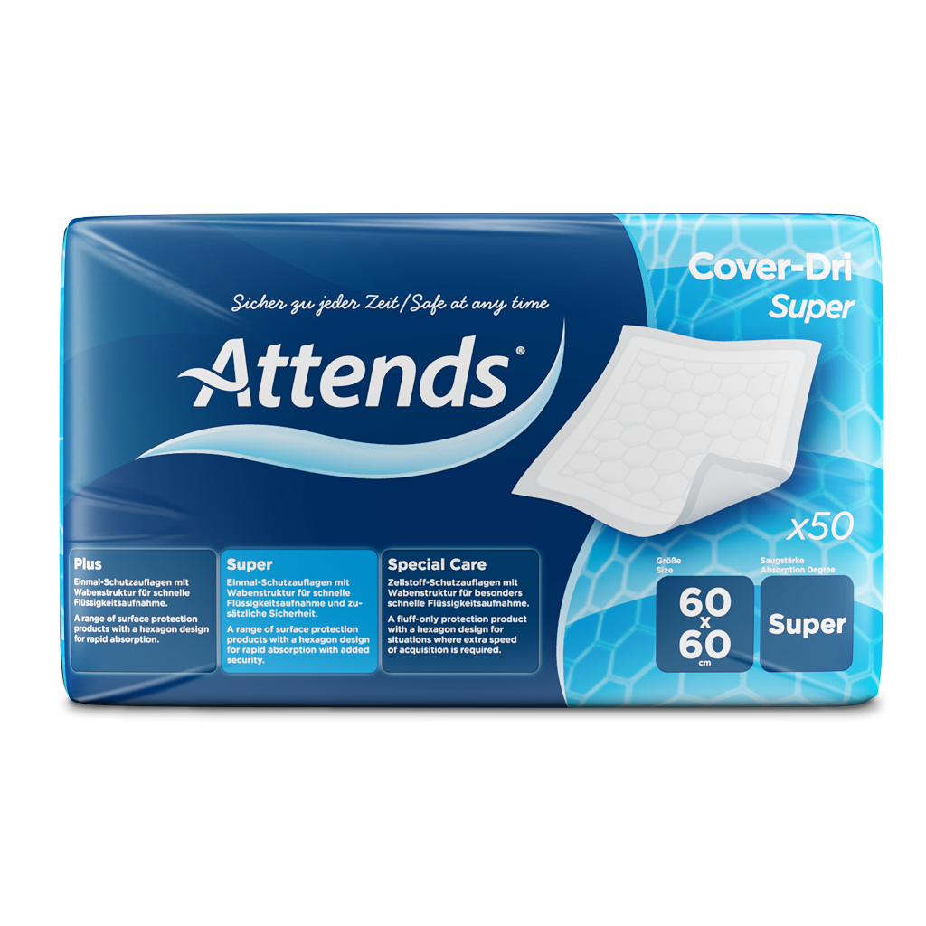 Produktbild einer Attends Dri Super Schutzauflage mit den Abmessungen 60 x 60 cm. Die Auflage ist in einem klaren, weißen Design gehalten und zeigt eine flauschige Oberfläche, die für Komfort sorgt. Die Schutzauflage ist in der Mitte leicht gewölbt, versehen mit einem dezenten, blauen Rand, der die Konturen abgrenzt. Ihre Funktionalität wird durch die untere wasserabweisende Schicht gewährleistet, die Flüssigkeiten effektiv abweist. Ideal für Betten und Möbel, sorgt sie für Hygiene und Schutz.