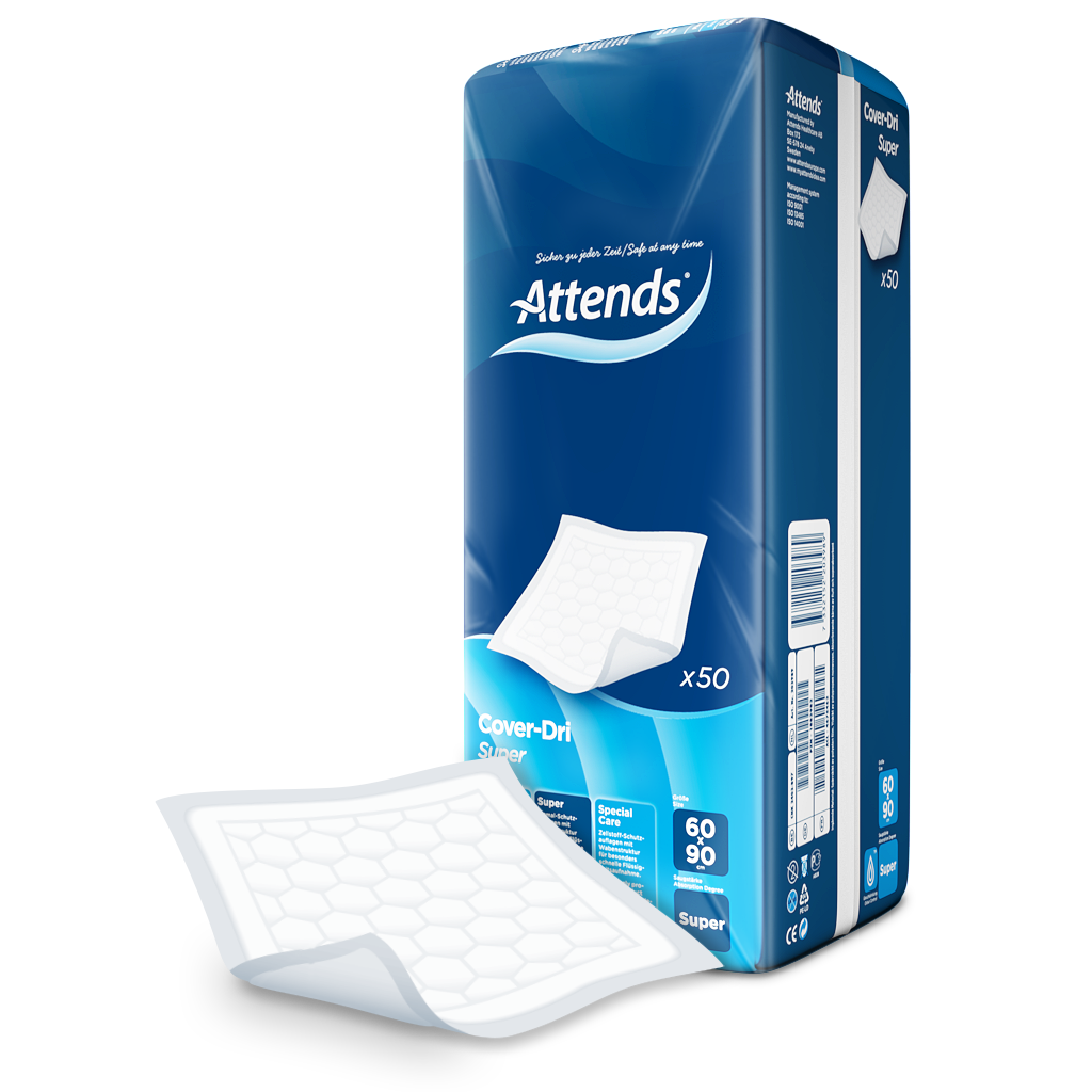 Schutzauflagen von Attends im 50er-Pack, Größe 60 x 90 cm. Die Auflagen sind in einer sauberen, weißen Verpackung präsentiert. Die Oberfläche der Auflagen ist weich und gleichmäßig, geeignet für den Schutz von Betten und Möbeln. Die Verpackung zeigt ein klares Produktbild mit den wichtigsten Eigenschaften. Der Hintergrund ist einfach gehalten, um die Auflage in den Fokus zu rücken. Die Auflagen sind atmungsaktiv, wasserundurchlässig und bieten hohen Komfort.