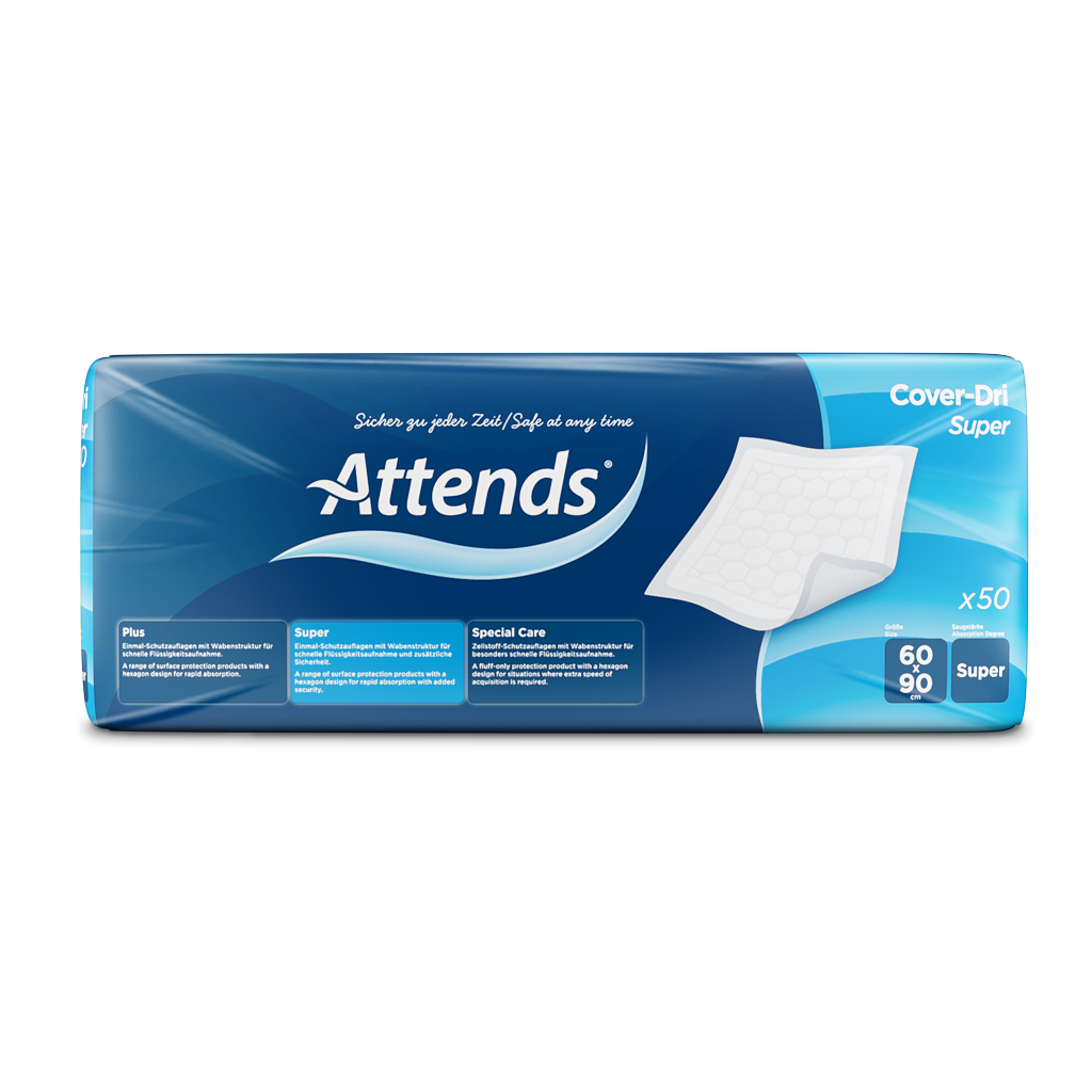 Produktbild einer Schutzauflage von Attends im Format 60 x 90 cm, erhältlich im 50er-Pack. Die Auflage ist in einem sanften Blau gehalten und zeigt eine engmaschige Struktur, die auf hohe Saugfähigkeit hinweist. In der oberen linken Ecke ist das Attends-Logo platziert. Die Verpackung ist transparent, sodass die einzelnen Stücke sichtbar sind. Die Auflage eignet sich ideal zur Vermeidung von Nässe auf Möbeln und Bettwäsche.