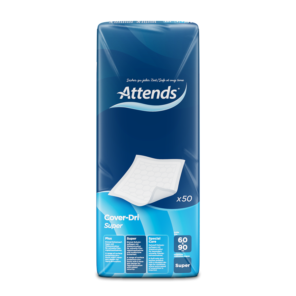 Schutzauflage von Attends, Größe 60 x 90 cm, im 50er-Pack. Die Auflage ist in einer klaren, transparenten Verpackung zu sehen, die das Produkt vollständig zeigt. Auf der Packung sind die Produktdaten sichtbar, darunter der Markenname "Attends" in blauer Schrift sowie die Bezeichnung "Dri Super". Die Schutzauflage hat eine weichere Textur, die für Komfort sorgt, und ist in einem weißlichen Farbton gehalten.