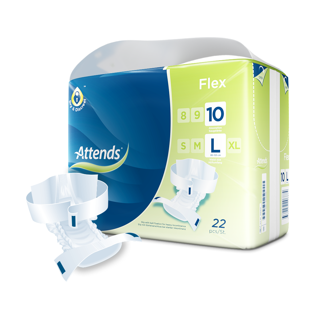 Bild eines Pakets mit Attends Flex 10 großen Inkontinenzslips. Die Vorderseite des Pakets zeigt das Produktlogo „Attends“ sowie die Produktbezeichnung „Flex 10“ in großen, klaren Lettern. Darunter sind Informationen über die Größe „Large“ und die Absorptionsstärke abgebildet. Das Design ist in sanften Farben gehalten, hauptsächlich Weiß und Blau, mit einem Bild eines glatten, unterteilten Inkontinenzslips im Hintergrund.