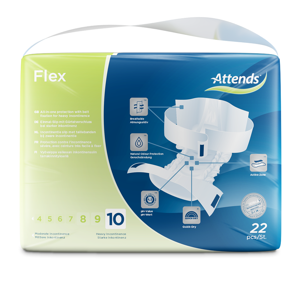 Alt-Text: Ein Produktbild der Attends Flex 10 Large Inkontinenzslips. Die Slips sind in einer Packung abgebildet, die auf einem neutralen Hintergrund platziert ist. Auf der Vorderseite der Verpackung sind das Produktlogo "Attends", die Modellbezeichnung "Flex 10" sowie die Größe "Large" deutlich sichtbar. Die Slips selbst sind in einem hygienischen, eingefalteten Zustand, um ihre Form und Stärke zu zeigen.