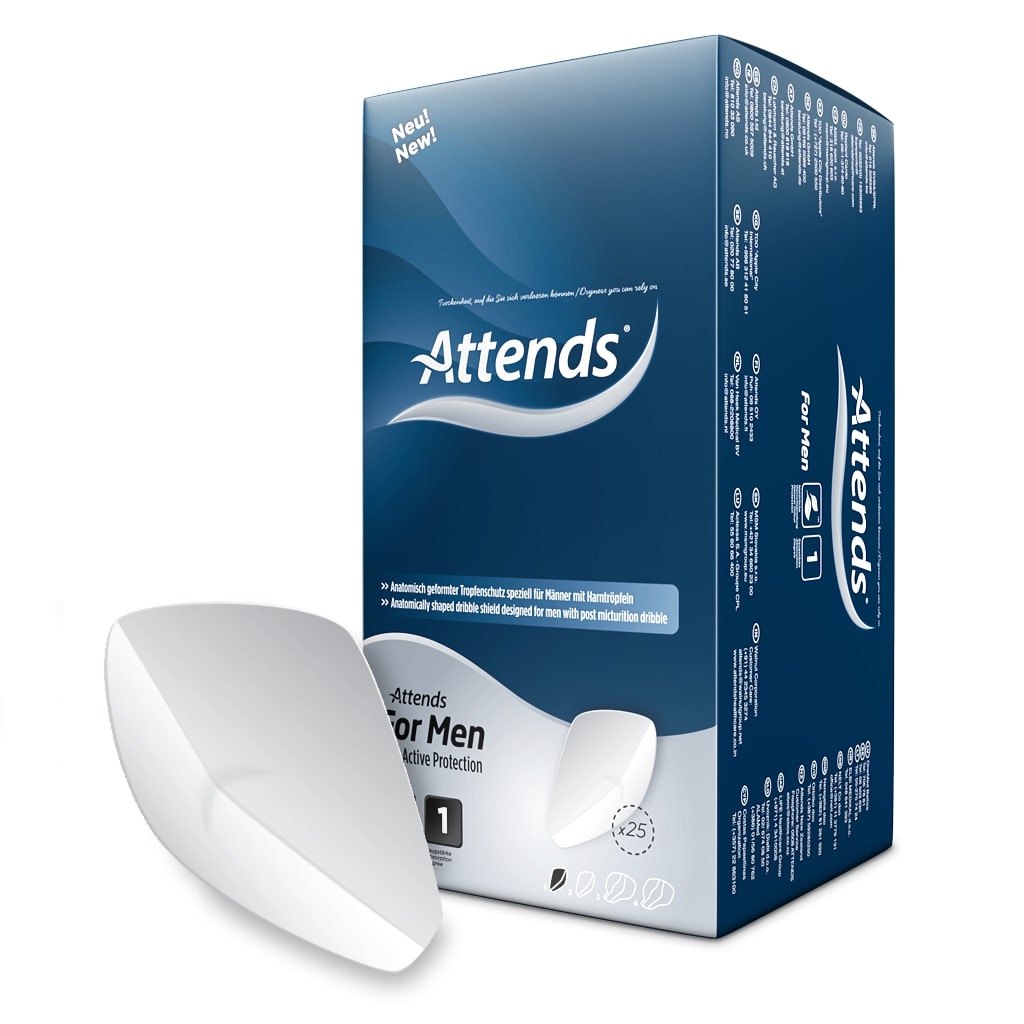 Ein Paket mit Attends Einlagen für Männer, das auf einem hellen Hintergrund präsentiert wird. Die Vorderseite der Verpackung zeigt das Produktdesign mit dem Schriftzug "Attends for Men" und Informationen über die Einlagen. Die Einlagen sind speziell für männliche Benutzer konzipiert und bieten Schutz bei Inkontinenz. Auf der Verpackung sind Icons abgebildet, die die Eigenschaften wie Saugfähigkeit und Diskretion verdeutlichen.