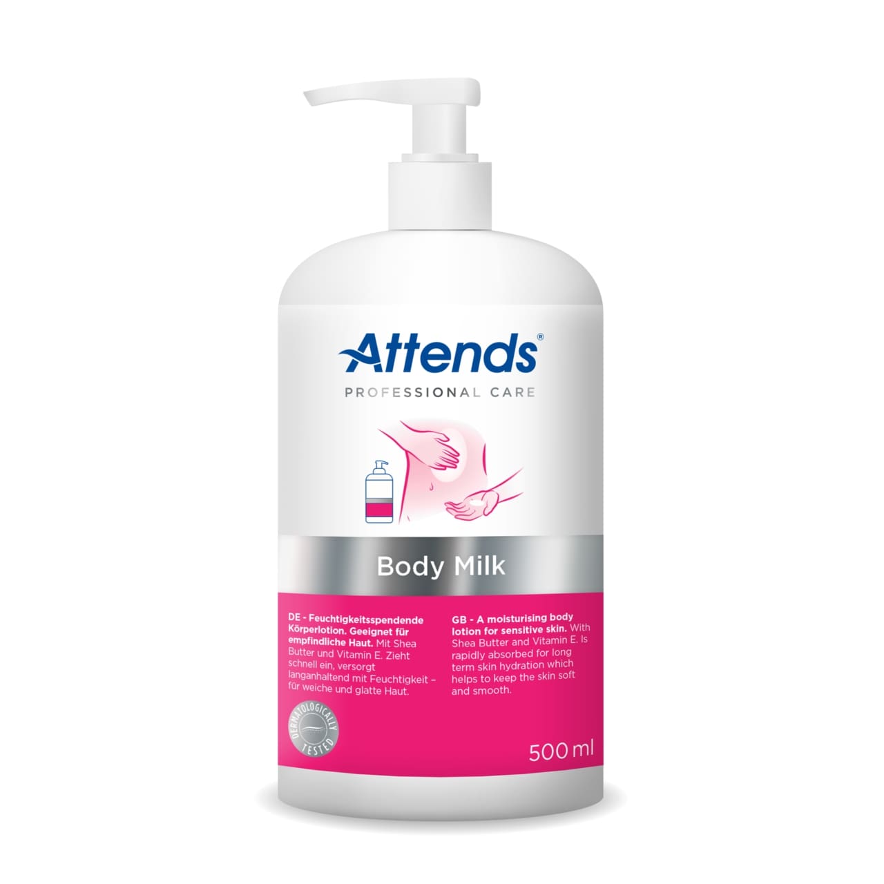 Alt-Text: Abgebildet ist eine Flasche mit Attends Professional Care Body Milk. Die Flasche ist schlank und hat einen weißen Farbton, mit einem sicheren Drehverschluss und einem minimalistischen Design. Auf der Vorderseite findet sich der Produktname in klarer, blauer Schrift sowie grafische Elemente, die auf die pflegenden Eigenschaften der Milch hinweisen. Der Hintergrund ist einfarbig, was das Produkt hervorhebt.