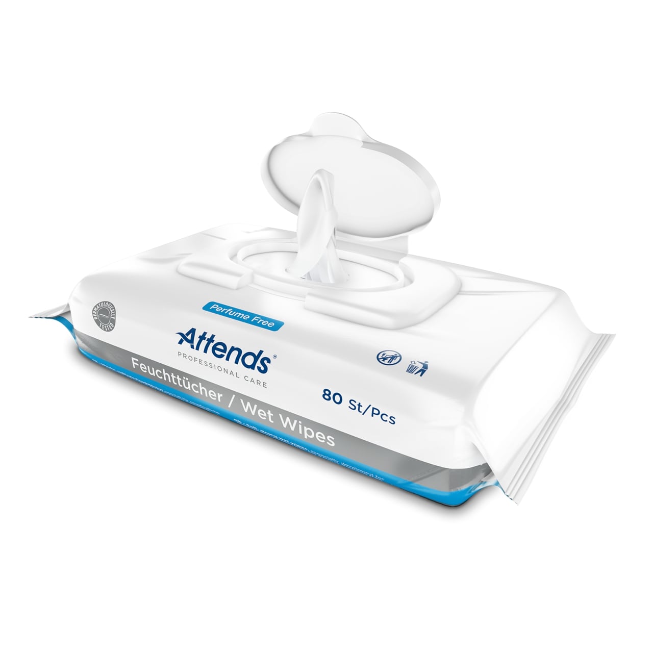 Bildbeschreibung eines Produktes: Zeigt eine Verpackung von "Attends Professional Care" Feuchttüchern. Die Packung ist hellblau mit einem weißen und grünen Label. Auf der Vorderseite sind die Worte "Feuchttücher" und die Abmessungen "20 x 18 cm" deutlich sichtbar. Unten sind Hinweise für die Anwendung in mehreren Sprachen abgedruckt. Im Hintergrund ist ein leicht verschwommener, neutraler Untergrund zu sehen, wodurch die Aufmerksamkeit auf das Produkt gelenkt wird.