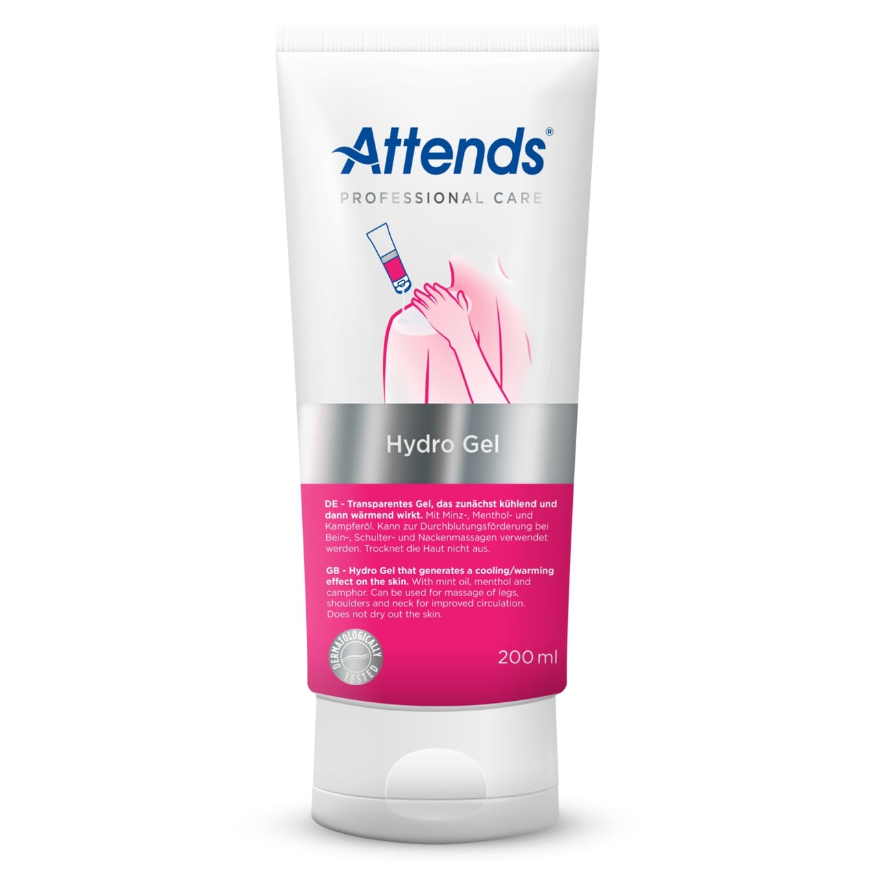 Das Bild zeigt eine Packung Attends Professional Hydro Gel Wundgel in blauer Verpackung. Die Vorderseite ist geprägt von einem klaren Design mit dem Produktnamen "Hydro Gel" sowie einem Hinweis auf die professionelle Anwendung. Im Hintergrund zeigt sich eine abstrahierte Grafik, die die Branding-Identität unterstreicht. Die Packung ist auf einem neutralen, hellen Untergrund platziert, der die Farben hervorhebt.