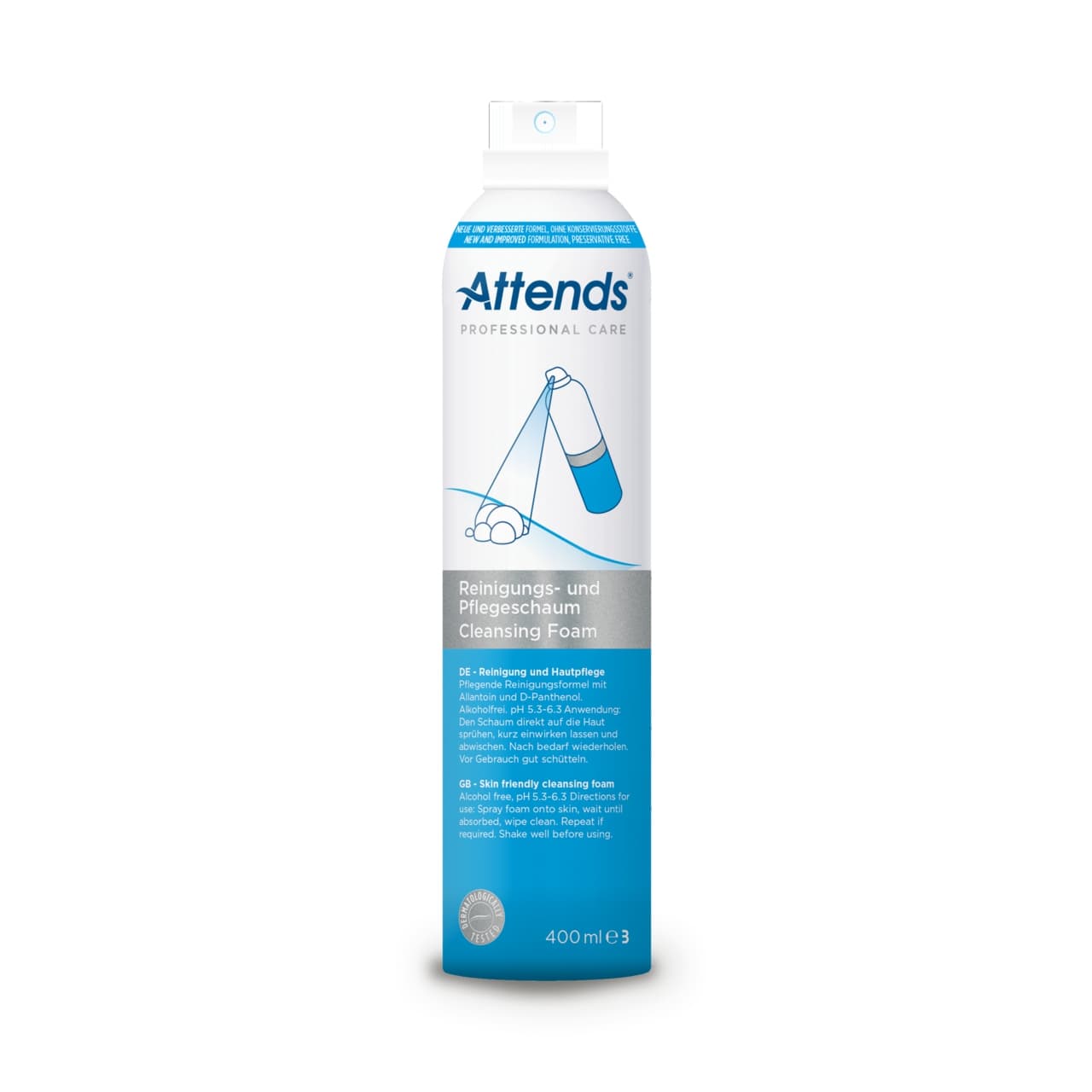 Weißer, flacher Flakon mit einem blauen Pumpkopf, der Reinigungs- und Pflegeschaum von Attends Professional Care enthält. Auf dem Flakon befindet sich ein ansprechendes Design mit blauen und grünen Akzenten und gut leserlichen Produktinformationen, die auf die sanfte Pflege hinweisen. Der Hintergrund ist hell und neutral gehalten, um den Fokus auf das Produkt zu lenken. Die Verpackung vermittelt einen professionellen und hygienischen Eindruck, ideal für die tägliche Körperpflege.