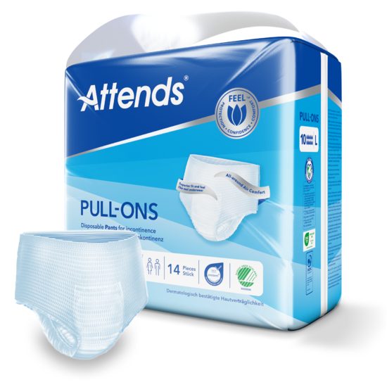Angezeigt wird ein Produktbild von Attends Pull-Ons 10 Large, Inkontinenz-Pants für Erwachsene. Die Packung ist prominent im Vordergrund abgebildet und enthält 10 Stück. Die Verpackung hat eine klare, informative Gestaltung in Blau- und Weißtönen mit Bildern von einem stilisierten menschlichen Körper, der auf die Passform hinweist. Die Vorderseite zeigt auch die Produktbezeichnung „Attends Pull-Ons 10“ und die Größe „Large“.