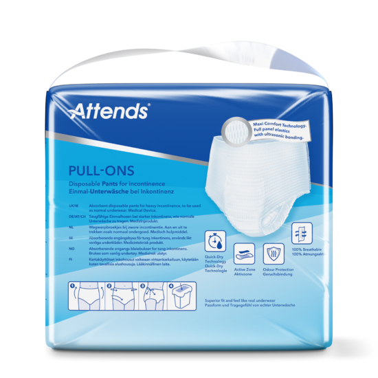 Auf dem Bild sind Attends Pull-Ons 10 in der Größe Large zu sehen, eine Packung mit Inkontinenzhosen. Die Vorderseite der Packung zeigt das Produkt in einem abgebildeten Muster und hebt zentrale Merkmale wie Saugfähigkeit und Komfort hervor. Der Hintergrund ist hell und neutral, um das Produkt hervorzuheben. Links ist das Produktlogo zu erkennen, während rechts eine transparente Sicht auf die Hosen selbst ermöglicht wird.