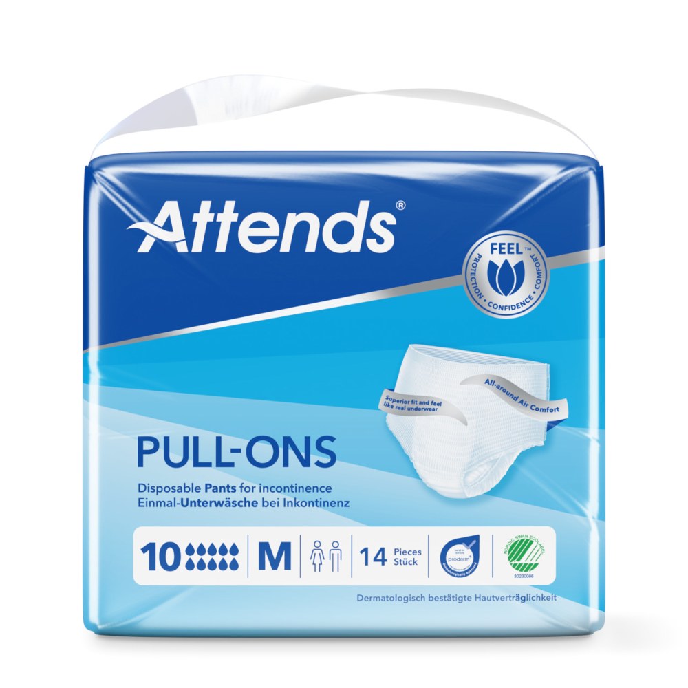 Das Produktbild zeigt eine Packung Attends Pull-Ons, Inkontinenzhosen der Größe Medium. Die Verpackung ist größtenteils in Blau und Weiß gehalten und zeigt das Logo des Herstellers sowie die Bezeichnung "Pull-Ons" deutlich. Auf der Vorderseite sind auch Hinweise zur Saugfähigkeit und den verfügbaren Größen zu erkennen. Die Hosen selbst sind nicht sichtbar, aber die Packung vermittelt einen Eindruck von Komfort und Diskretion, was für Inkontinenzprodukte wichtig ist.