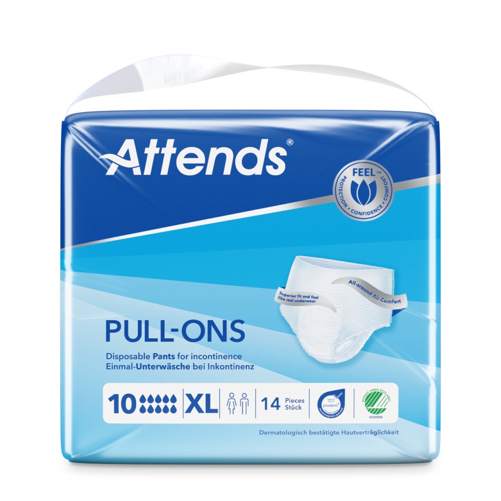 Weißes Produktbild von Attends Pull-Ons 10 XL Inkontinenzhosen, die auf einem weißen Hintergrund präsentiert werden. Die Hosen sind in einer praktischen Packung verpackt und zeigen die Vorderseite der Verpackung, die ein ansprechendes, modernes Design aufweist. Die Produkte sind für Erwachsene ausgelegt, bieten eine diskrete Lösung für Inkontinenz und sind in XL-Größe erhältlich.