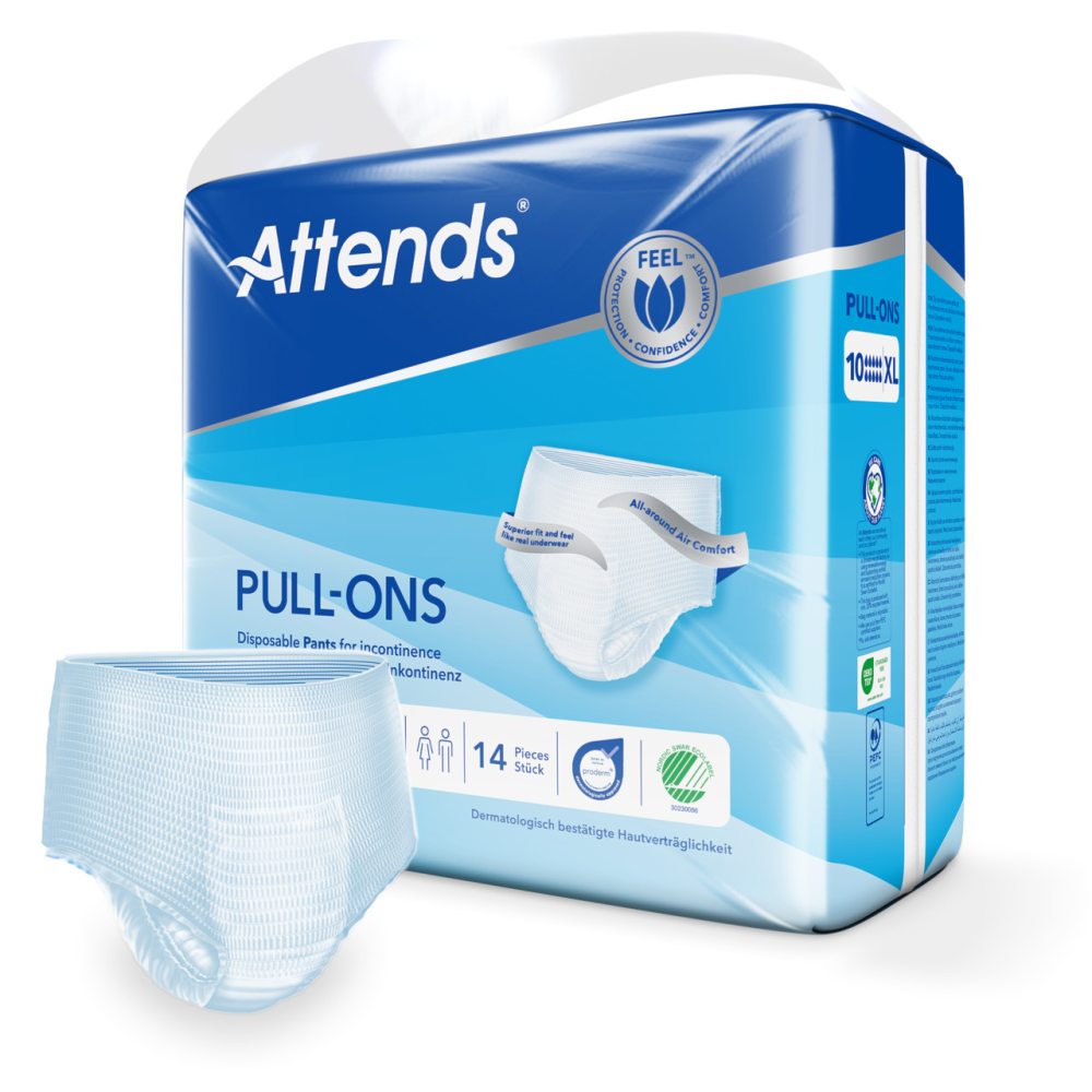 Bildbeschreibung: Das Produkt zeigt eine Packung von Attends Pull-Ons, Inkontinenzhosen in der Größe XL. Die Vorderseite der Verpackung ist klar sichtbar und hebt das Logo "Attends" in blauer Schrift hervor. Auf der Packung ist ein abgebildetes Modell zu sehen, das die Hosen trägt, was ihre Passform und Bequemlichkeit demonstriert. Im Hintergrund sind Informationen über den Schutzlevel und die Atmungsaktivität aufgeführt.