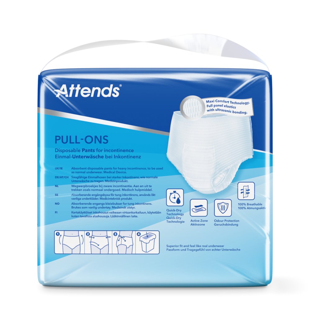 Ein Packung Attends Pull-Ons in der Größe XL für Erwachsene, die zur Inkontinenzversorgung dienen. Die Verpackung ist in einem auffälligen Designs gehalten, mit einem hellblauen Hintergrund und orangefarbenen Akzenten. Auf der Vorderseite sind die Worte "Attends Pull-Ons" sowie die Größe "XL" in großen, gut lesbaren Buchstaben abgebildet. Das Produktbild zeigt eine Illustration einiger der Pull-Ons, die für Bequemlichkeit und Diskretion sorgen.