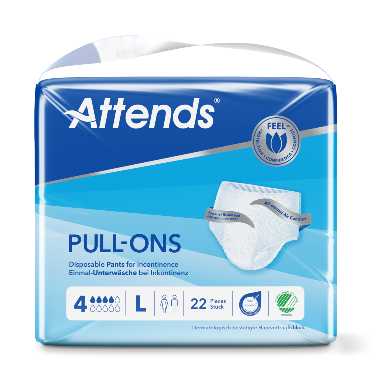 Das Bild zeigt eine Packung Attends Pull-Ons 4 in Größe L, einer Art Inkontinenzhose. Die Verpackung ist überwiegend hellblau mit weißen und grünen Elementen. Auf der Vorderseite ist das Produkt klar abgebildet, umgeben von einer Darstellung der Schutzeigenschaften. Zudem sind Symbole für Saugstärke und Komfort integriert. An der Seite ist ein Vermerk über die Größe. Der Hintergrund ist schlicht gehalten, um den Fokus auf das Produkt zu lenken.