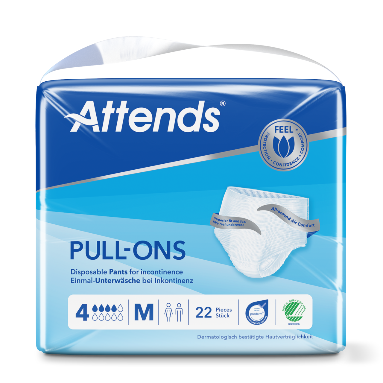 Weißer Hintergrund mit einem Packungsbild von Attends Pull-Ons Größe 4 in der Mitte. Die Vorderseite der Packung zeigt das Produkt, das als Inkontinenzhose für mittlere bis starke Inkontinenz konzipiert ist. Auf der Verpackung sind Hinweise zu Größe, Atmungsaktivität und Saugstärke abgebildet. Das Design ist farbenfroh, mit einem Fokus auf die Benutzerfreundlichkeit. Im oberen Bereich ist das Logo von Attends sichtbar.