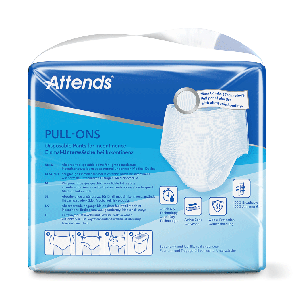 Vorderansicht eines Produkts, das Attends Pull-On Inkontinenzhosen in der Größe Medium zeigt. Die Inkontinenzhosen sind in einem sanften Lichtblau gehalten und wirken weich und elastisch. Die Verpackung ist klar und übersichtlich gestaltet, mit den wichtigsten Informationen und der Produktbezeichnung gut lesbar. Auf der Packung sind auch Grafiken, die die Anwendung und den Komfort der Hosen verdeutlichen.