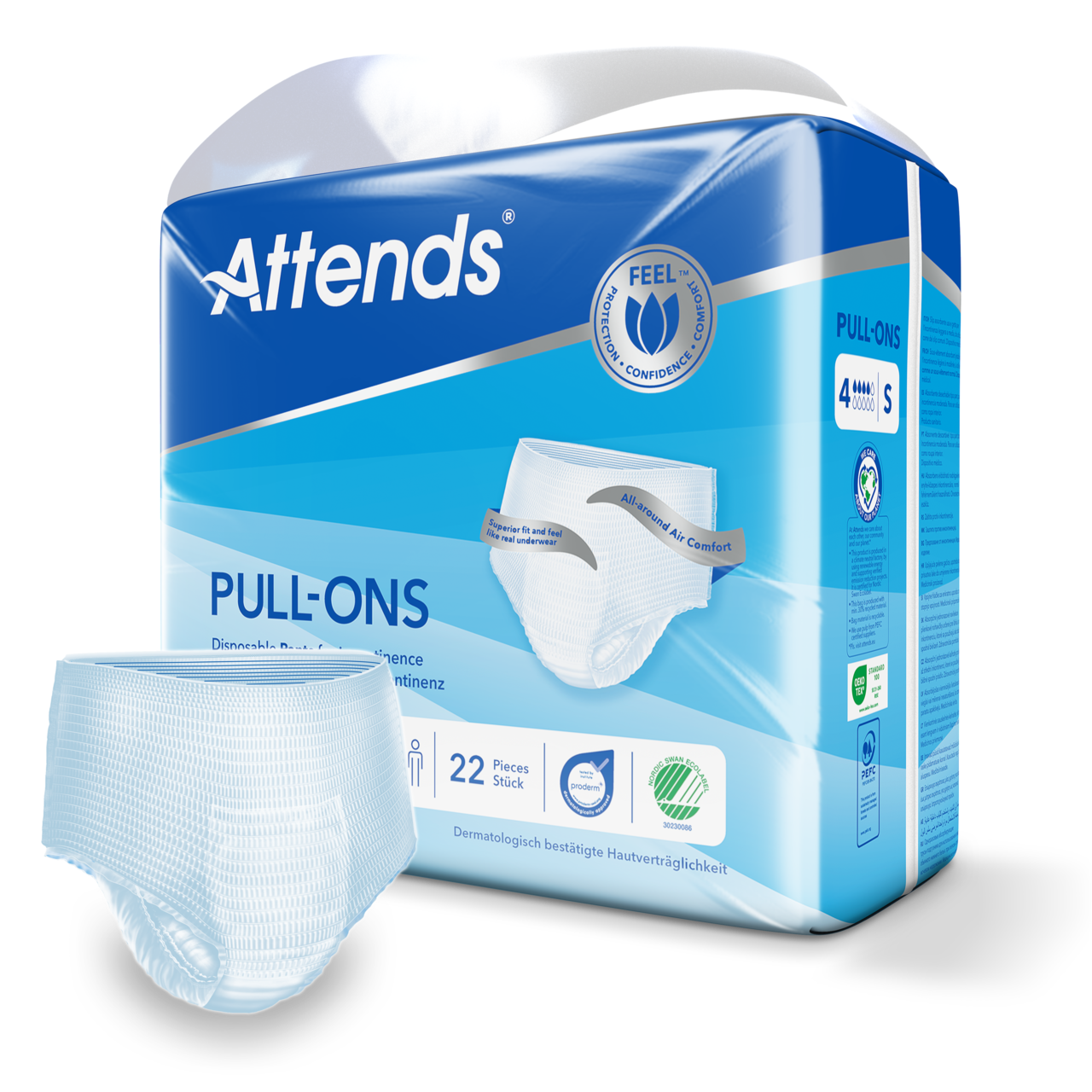 Ein Packung mit Attends Pull-Ons 4 in der Größe S für inkontinenz Pants. Die transparente Verpackung zeigt mehrere pantyartige Inkontinenzprodukte, die ordentlich gefaltet sind. Die Vorderseite der Packung ist mit Informationen über das Produkt bedruckt, darunter der Markenname "Attends", die Produktbezeichnung "Pull-Ons 4" und die Größe "S". Der Hintergrund ist in einem sanften Blauton gehalten, und es gibt dazu einige grafische Symbole, die die Verwendung oder Vorteile der Pants verdeutlichen.