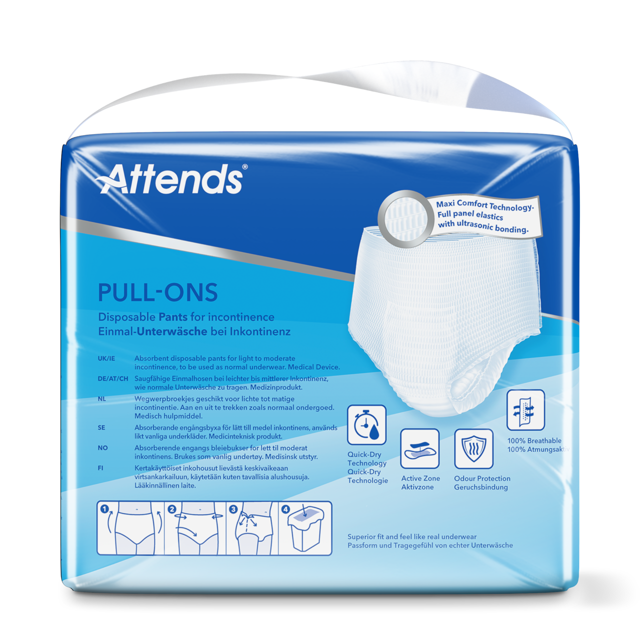 Alt-Text: Auf dem Bild sind die Attends Pull-Ons 4 Inkontinenzhosen in der Größe Small abgebildet. Die Hosen sind in einem hellen, sanften Lavendelton gehalten und zeichnen sich durch ihre elastischen Bund und Beinausschnitte aus, die für optimalen Komfort und eine sichere Passform sorgen. Diese Erwachsenen-Inkontinenzhosen sind für leichte bis mittlere Inkontinenz geeignet und verfügen über eine saugfähige Einlage, die für ein trockenes Gefühl sorgt.