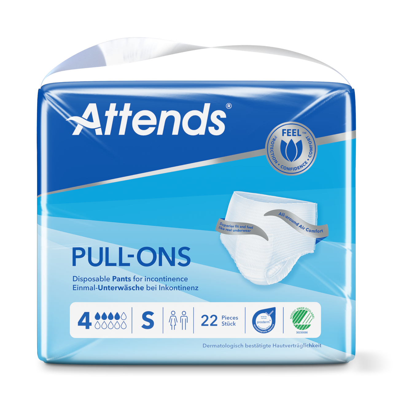 Alt-Text: Auf dem Bild ist eine Packung Attends Pull-Ons 4 in der Größe Small zu sehen, die Inkontinenz-Pants enthält. Die Verpackung ist überwiegend in Blau und Weiß gehalten, zeigt das Produkt im Vordergrund und hebt wichtige Informationen wie die Größe und Saugfähigkeit hervor. Auf der Vorderseite der Packung ist das Logo von Attends sowie Symbole zur Saugstärke sichtbar. Im Hintergrund sind sanfte Farbtöne zu erkennen.
