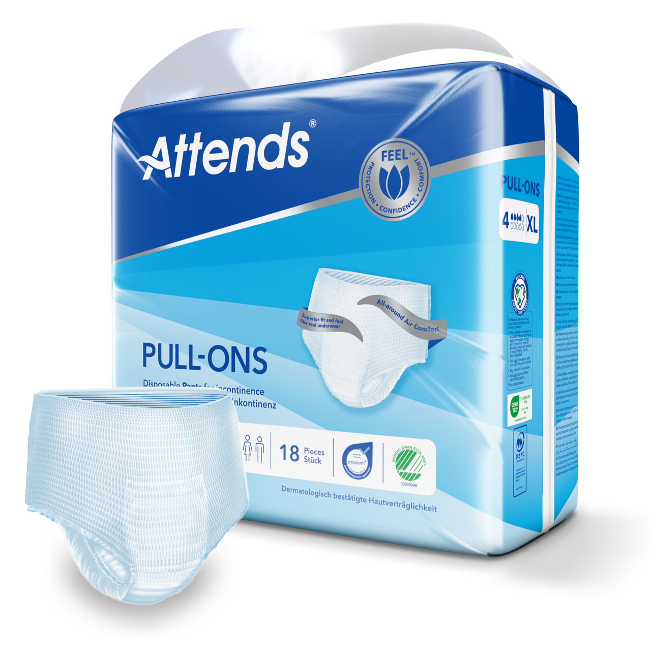 Ein Paket mit Attends Pull-Ons Inkontinenzhosen in Größe XL. Die Vorderseite des Pakets zeigt ein ansprechendes Design mit einem blauen und weißen Farbschema. Auf dem Paket sind Bilder von den Hosen abgebildet, die elastisch und komfortabel wirken. Zudem sind Informationen zur Größe und zum Verwendungszweck aufgedruckt. Im Hintergrund sind sanfte, helle Farben, die die Produktpräsentation unterstützen.