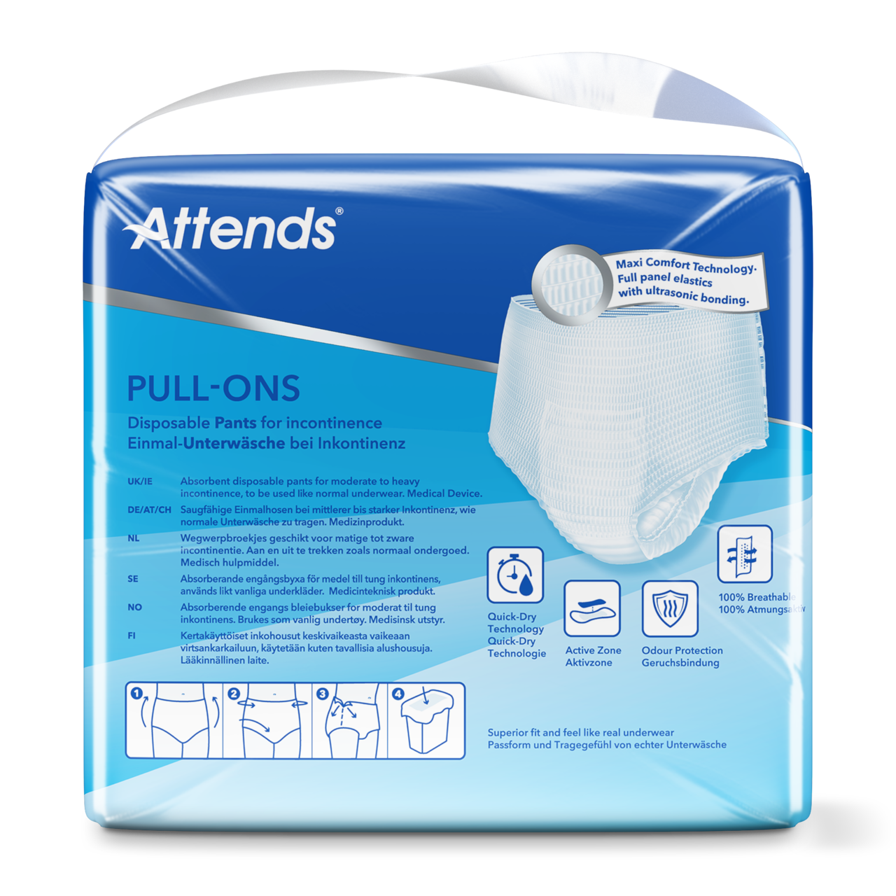 Produktbild eines Inkontinenzhosen-Pakets (Attends Pull-Ons 4 XL). Die Vorderseite des Pakets zeigt eine Darstellung der Hosen, die aus einem weichen, atmungsaktiven Material gefertigt sind. Die Packung ist überwiegend in Blau- und Weißtönen gehalten, mit klaren, großen Schriftzügen, die den Markennamen und die Produktbeschreibung hervorheben. Auf der linken Seite ist eine Nummerierung "4" zu sehen, die auf die Saugstärke hinweist. Der Hintergrund ist neutral, wodurch das Produkt klar zur Geltung kommt.