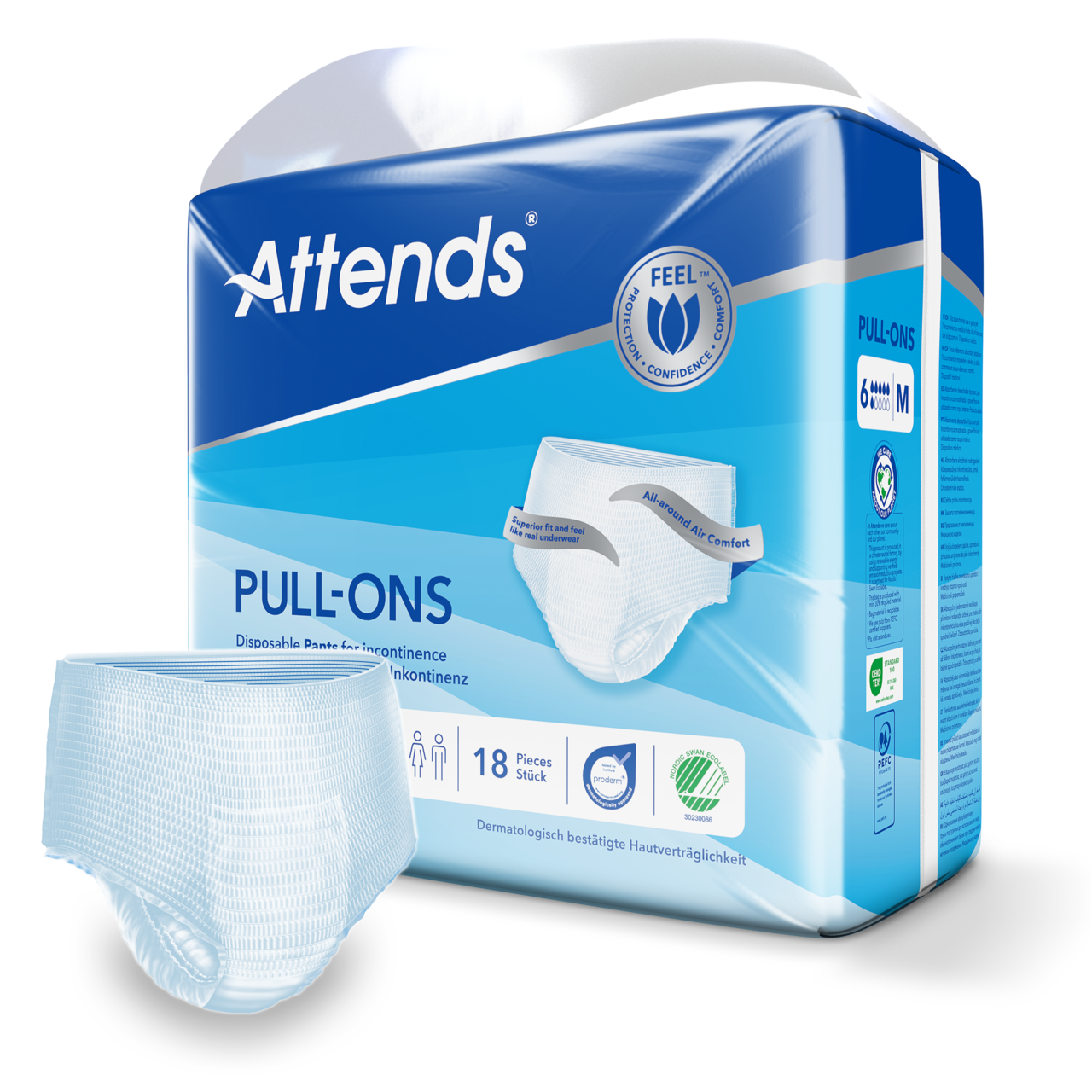 Inkontinenzhose von Attends in Größe Medium, dargestellt auf einem weißen Hintergrund. Die Hose ist in einem sanften Blau gehalten und besitzt ein elastisches Bündchen, das für einen bequemen Sitz sorgt. Mehrere Schichten bieten zusätzliche Saugfähigkeit und schützen vor Undichtigkeiten. Die Oberfläche ist glatt und atmungsaktiv, während die Seitenöffnungen zur einfachen Handhabung und zum Anziehen beitragen. Ideal für Erwachsene, die einen diskreten, effektiven Schutz suchen.
