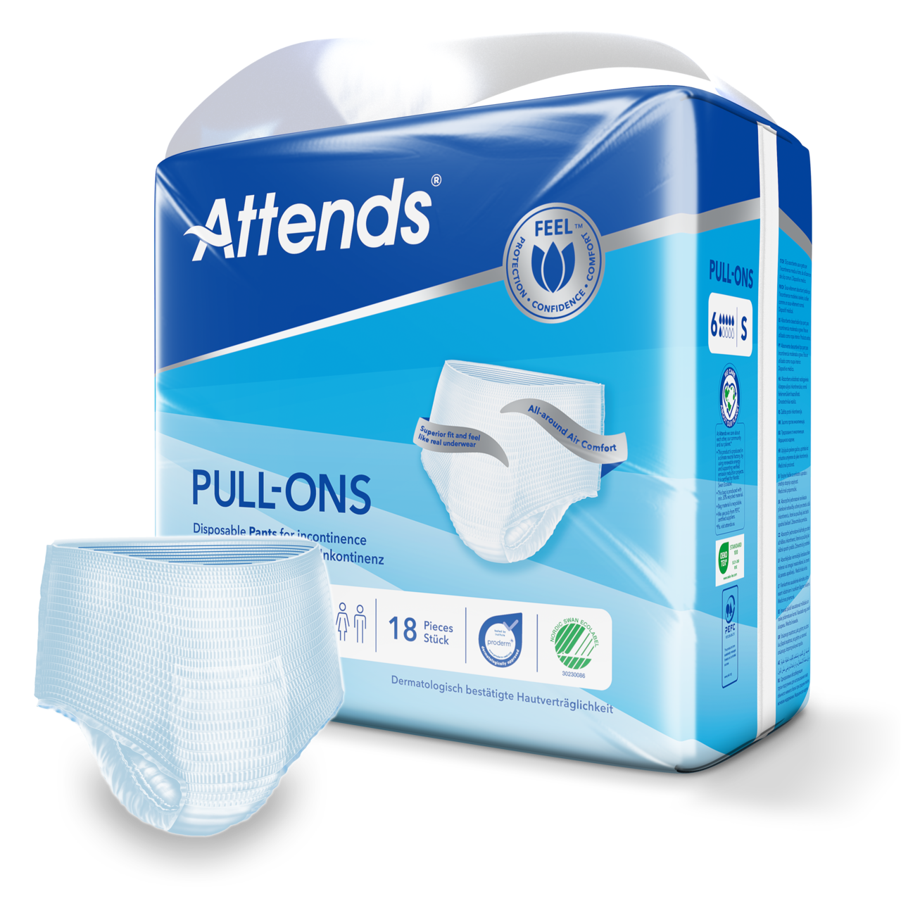 Ein Pack mit Attends Pull-Ons Inkontinenzhosen liegt auf einer neutralen, hellen Fläche. Im Vordergrund sind die Hosen deutlich sichtbar, sie sind aus einem weichen, elastischen Material in Weiß und haben praktische seitliche Öffnungen. Auf der Verpackung sind grüne und blaue Akzente, die eine 6 für die Größe "Small" hervorheben. Dazu stehen Hinweise zu den Vorteilen des Produkts, wie Saugfähigkeit und Komfort.