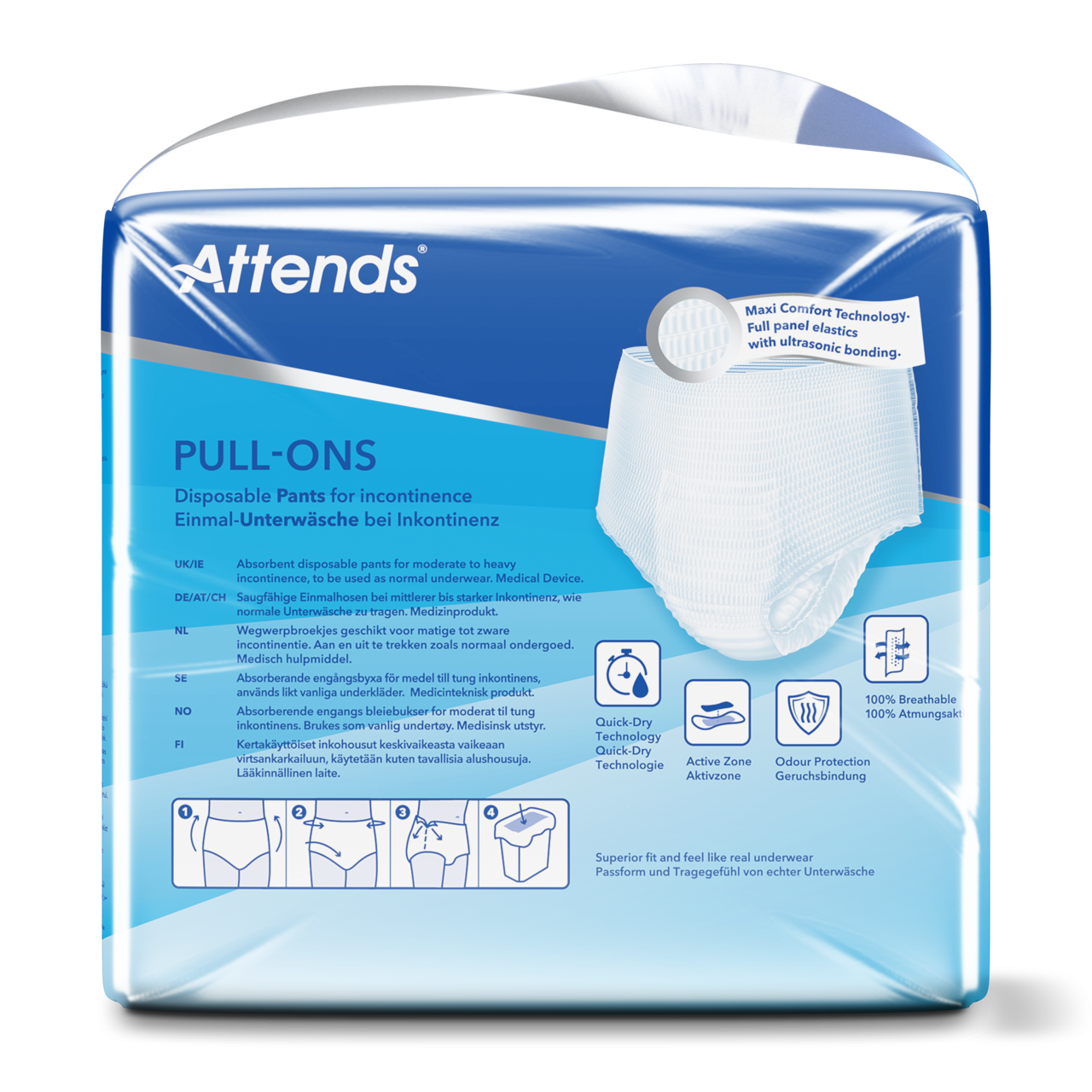 Ein Paket mit Attends Pull-Ons Inkontinenzhosen größe 6 XL. Die Verpackung zeigt die Produktbezeichnung "Attends Pull-Ons" in klaren, blauen Buchstaben. Im Hintergrund sind stilisierte, freundliche Farben in Blau- und Grüntönen zu sehen. Das Produkt selbst wirkt weich und flexibel, ideal für Erwachsene mit Inkontinenzbedarf. Die Hosen sind als diskrete und bequeme Lösung dargestellt, erkennbar an der anatomischen Form und dem elastischen Bund für einen sicheren Sitz.