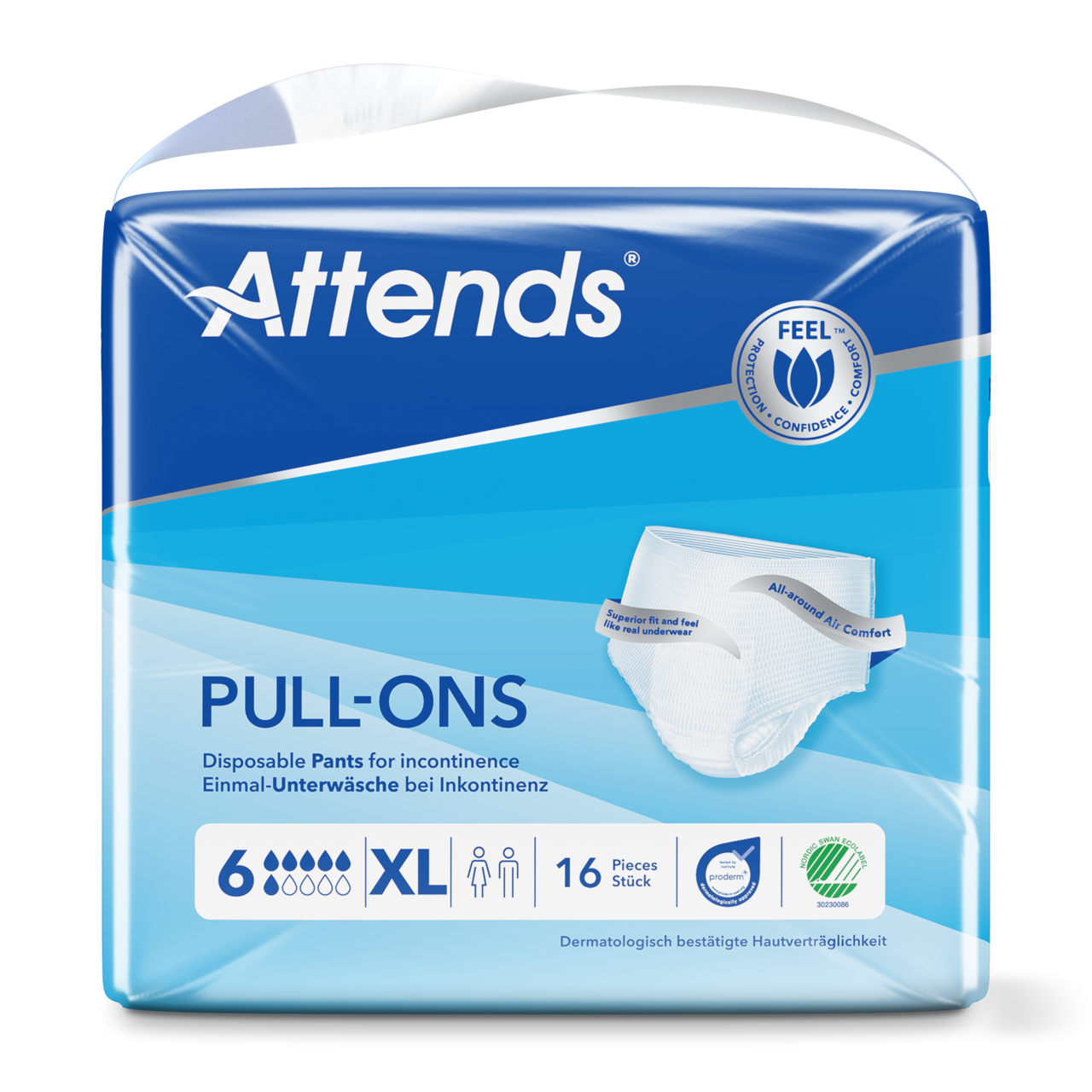 Ein Bild zeigt die Verpackung der Attends Pull-Ons 6 XL Inkontinenzpants. Die Vorderseite der Verpackung ist hauptsächlich in Blau gehalten und zeigt das Produkt in der Mitte, umgeben von Piktogrammen, die auf die Eigenschaften hinweisen. Darunter steht der Produktname „Attends Pull-Ons 6 XL“ deutlich in großen, weißen Buchstaben. In der oberen Ecke ist das Logo von Attends sichtbar. Die Verpackung vermittelt den Eindruck von Sorgfalt und Komfort, und die Farben strahlen eine beruhigende Wirkung aus.