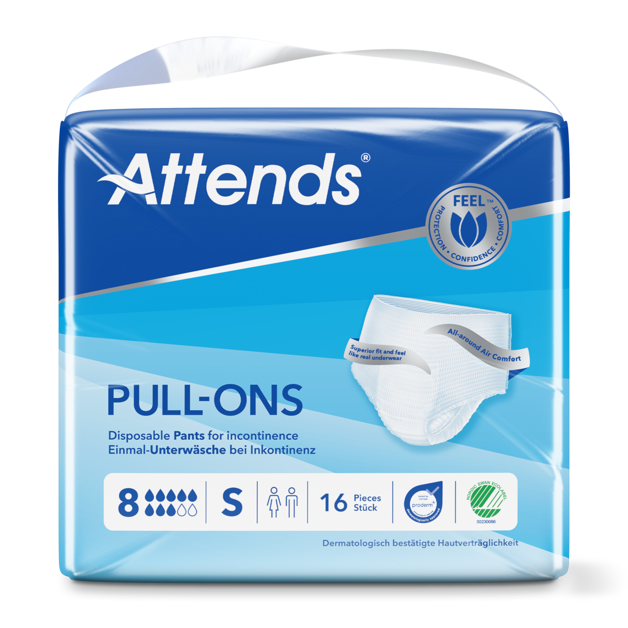 Alt-Text: Produktbild von Attends Pull-Ons 8 Inkontinenzhosen in der Größe Small. Die Packung zeigt eine verdeckte Ansicht der Inkontinenzhosen in einer frischen, modernen Gestaltung. Die Hosen sind in einem leichten Blau gehalten und verfügen über elastische Bundabschlüsse für bequemen Sitz und guten Halt. Die Verpackung hebt die hohe Saugfähigkeit und den diskreten Schutz hervor. Auf der Front sind Maße und andere wichtige Informationen abgebildet.