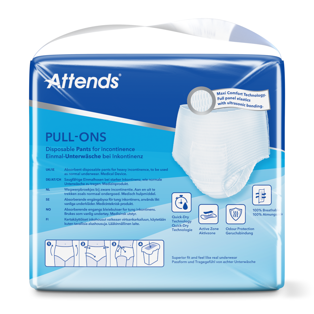 Bild eines Päckchens mit Attends Pull-Ons Inkontinenz-Hosen in der Größe Small. Das Paket ist in einem hellen, ansprechenden Design gehalten und zeigt auf der Vorderseite das Produkt sowie die Größe 8. Die Verpackung ist größtenteils weiß mit bunten Akzenten. Die Hosen sind für eine diskrete und komfortable Nutzung konzipiert und bieten Schutz bei Inkontinenz. Einige Informationen zum Produkt und dessen Anwendung sind auf der Packungsrückseite abgebildet. Ideal für tägliche Anwendungen und flexible Nutzung.