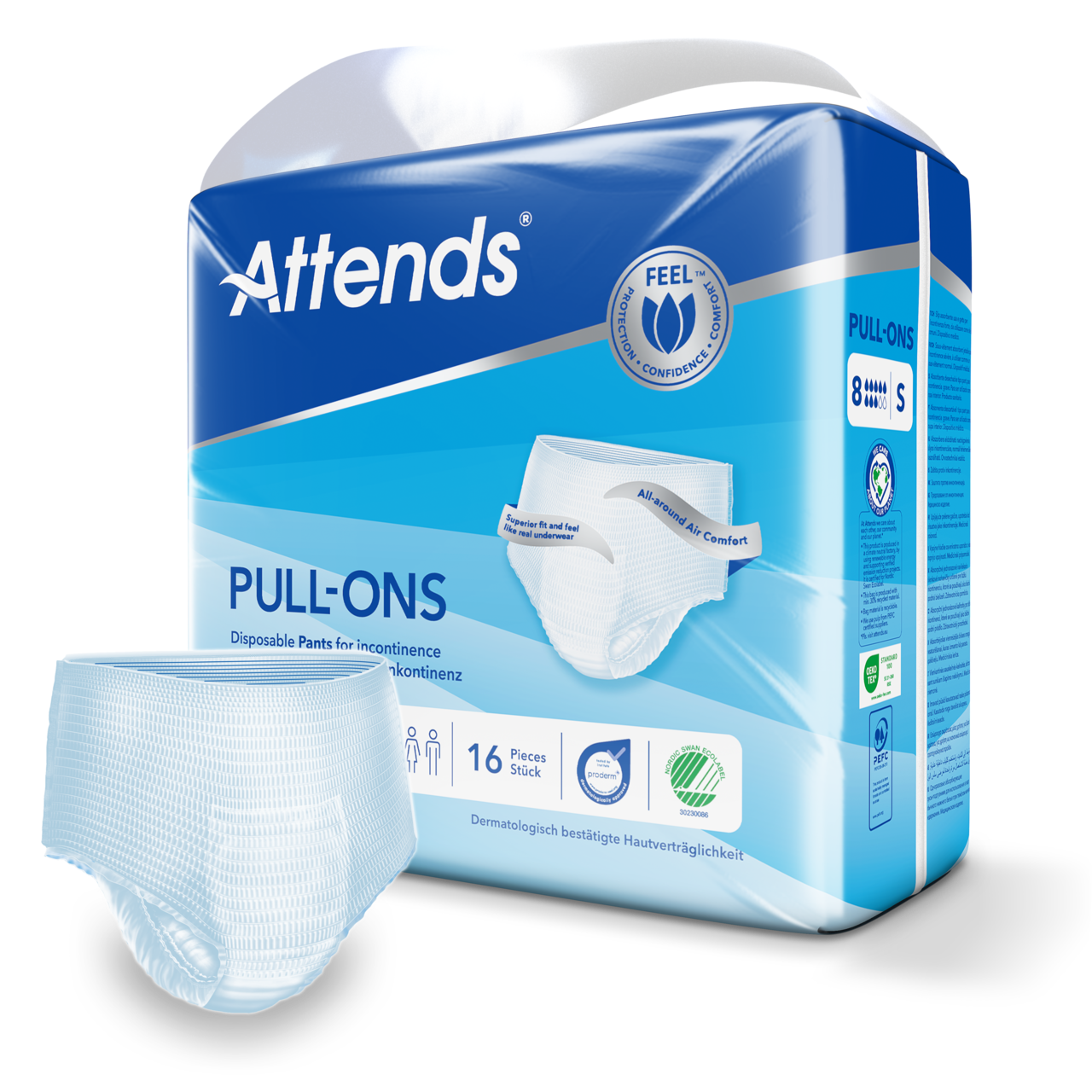Inkontinenzhose Attends Pull-Ons in Größe Small, abgebildet auf einem neutralen Hintergrund. Die Hose hat ein elegantes, modernes Design mit einer dezenten, hellblauen Farbgebung und einem elastischen Bund, der für optimalen Tragekomfort sorgt. Sie ist aus atmungsaktivem Material gefertigt, das angenehmen Sitz gewährleistet. Der Produkttitel ist gut lesbar in der oberen rechten Ecke. Die Verpackung zeigt auch Bilder von Pflegehinweisen und Produktmerkmalen, um deren Verwendung zu erleichtern.