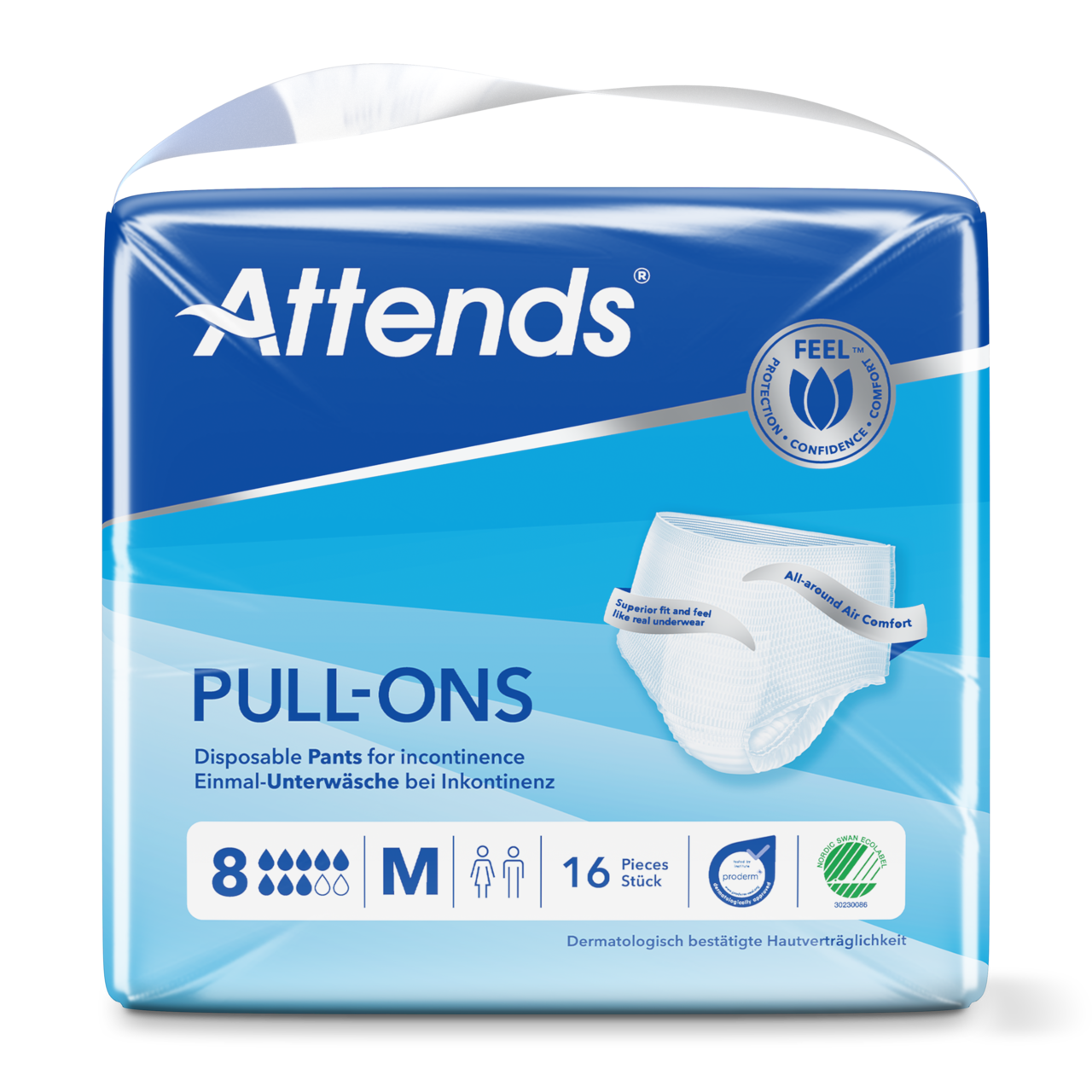 Produktbild zeigt Attends Pull-Ons Größe 8 in Medium, eine Packung von 14 Inkontinenzhosen. Die Hosen sind in einem sanften Blau-Ton gehalten und sind faltig präsentiert, was die Flexibilität und Bequemlichkeit unterstreicht. Auf der Vorderseite ist das Logo von Attends deutlich sichtbar, zusammen mit der Größenbezeichnung und anderen relevanten Informationen. Der Hintergrund ist neutral, sodass die Aufmerksamkeit auf den Produktdetails liegt.