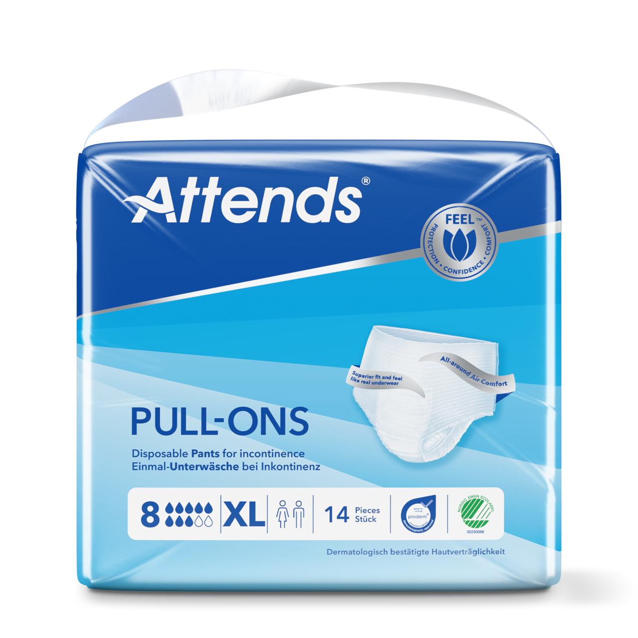 Produktbild einer Verpackung mit Attends Pull-Ons 8 XL Inkontinenzhosen in der Größe extra-large. Die Verpackung ist hauptsächlich in einem hellen Blau gehalten und zeigt eine Abbildung der Inkontinenzhosen, die in einem modernen, praktischen Design gestaltet sind. Auf der Vorderseite sind Informationen über die Inkontinenzprodukte sowie deren Eigenschaften abgedruckt. Das Bild ist klar und hell, um die Details und den Markennamen deutlich zu präsentieren.