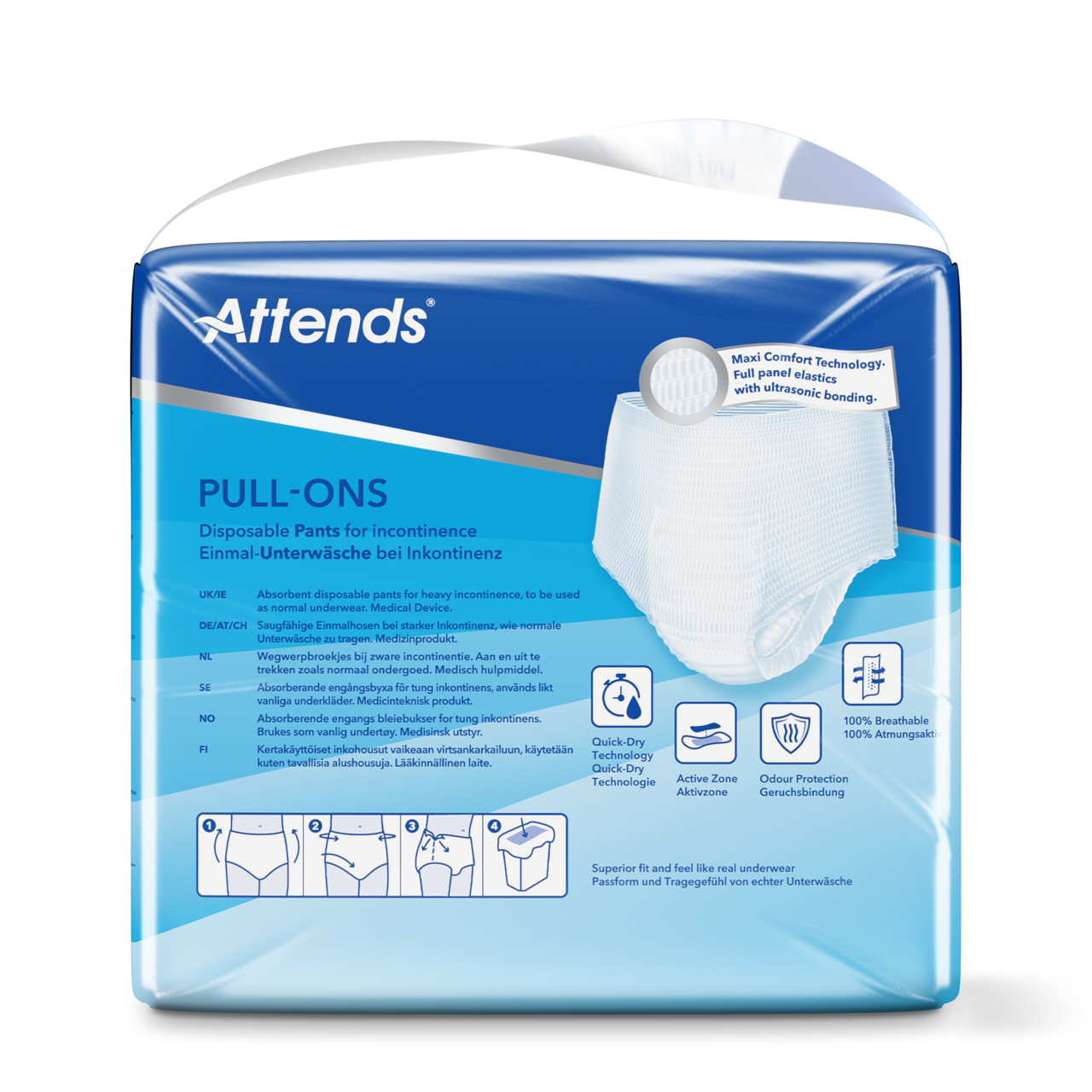 Produktbild eines Päckchens mit Inkontinenzhosen der Marke Attends. Die Verpackung zeigt ein modernes, ansprechendes Design in sanften Farben, insbesondere Blau und Weiß. Auf der Vorderseite sind die Produkte als "Pull-Ons" sowie die Größenbezeichnung "8 XL" deutlich hervorgehoben. Das Bild vermittelt eine Vorstellung von Komfort und Diskretion. Die Hosen sind für Erwachsene ausgelegt und bieten Schutz, was durch entsprechende Symbole auf der Verpackung signalisiert wird.