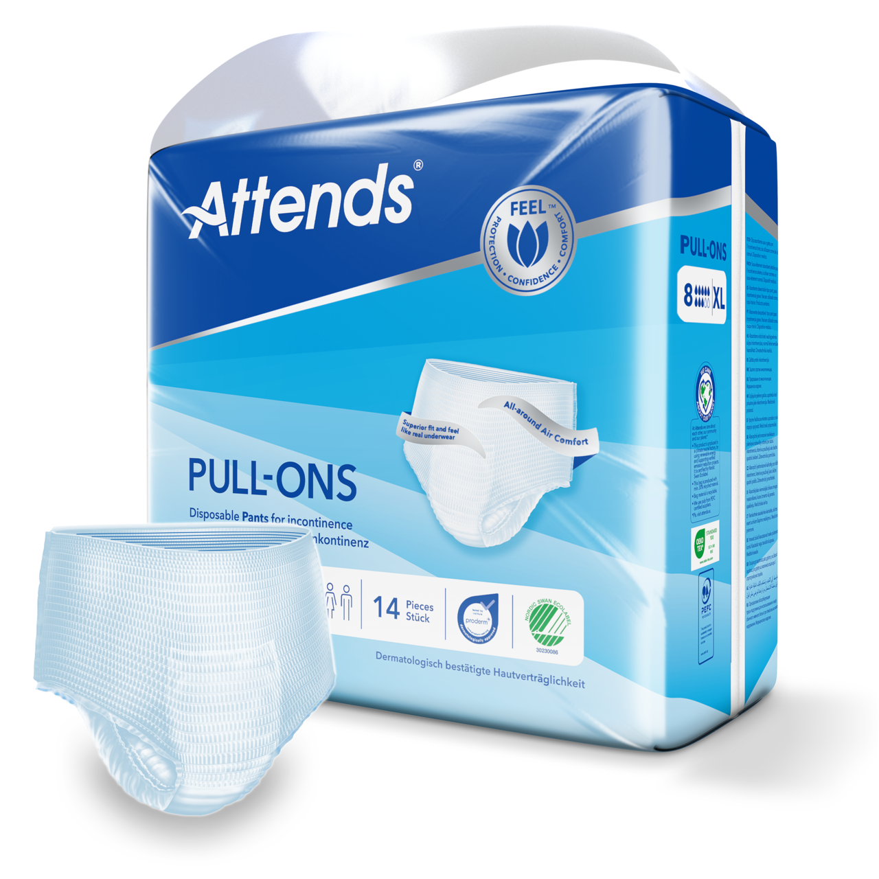 Produktbild einer Packung Attends Pull-Ons XL Inkontinenz-Pants. Die Packung ist oben offen und zeigt mehrere Inkontinenzhosen in einer hellen, hygienischen Umgebung. Die Hosen sind aus leichtem Material und haben eine elastische Taille für einen bequemen Sitz. Auf der Vorderseite der Packung sind die großen Größenangaben deutlich sichtbar, sowie das Logo von Attends, das für Qualität und Zuverlässigkeit steht. Hintergrund neutral, um den Fokus auf das Produkt zu lenken.