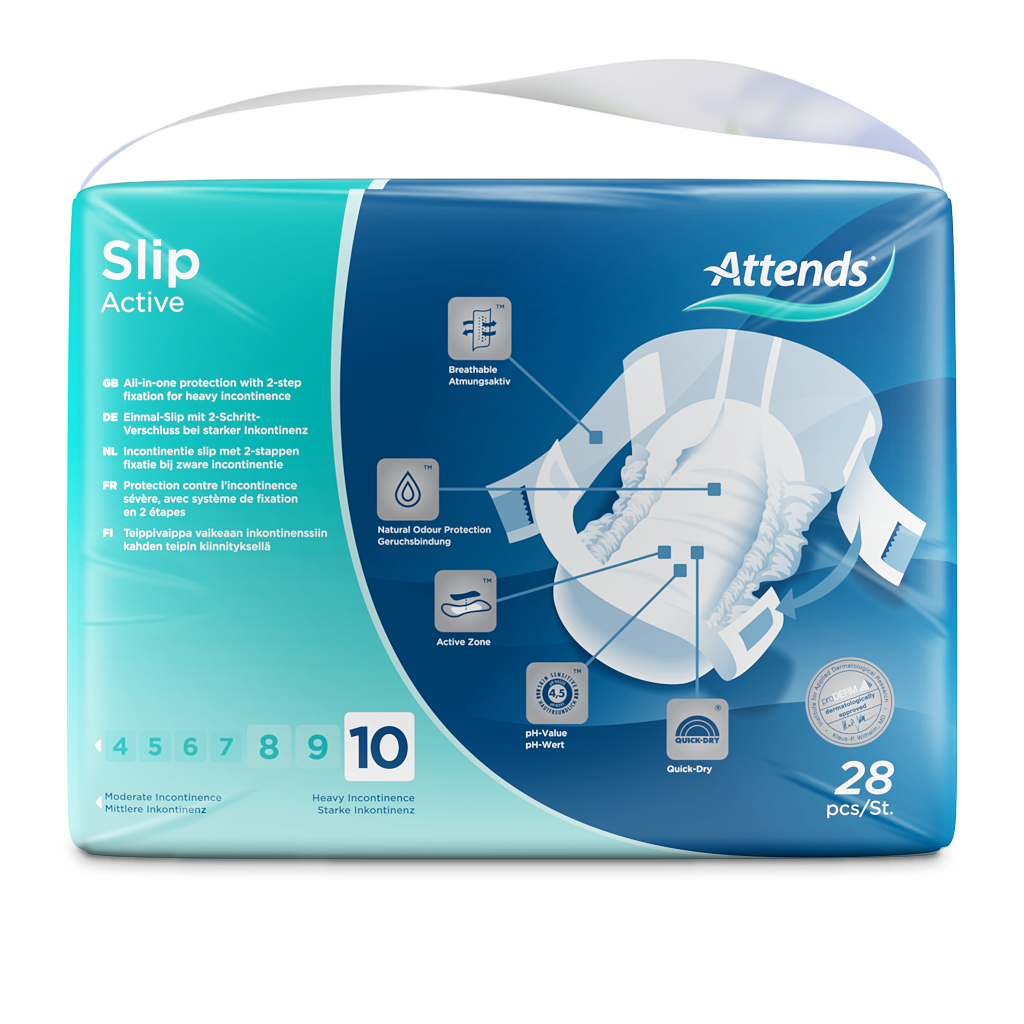 Weißer Inkontinenzslip von Attends, Modell Active 10, in der Größe Large. Der Slip zeigt eine elastische Bundkonstruktion, die für einen sicheren und bequemen Sitz sorgt. Auf der Vorderseite sind Markierungen für die Einlage positioniert, die den Schutz vor Undichtigkeiten verdeutlichen. Der Slip ist atmungsaktiv und bietet sowohl Funktionalität als auch Diskretion. Die Verpackung vermittelt einen professionellen und hygienischen Eindruck, ideal für den täglichen Gebrauch.