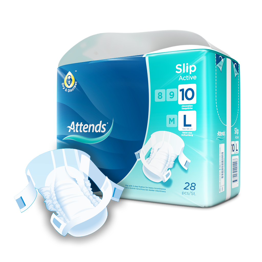 Ein Paket mit Attends Slip Active 10, einer Inkontinenzslip-Produktlinie. Die Vorderseite der Verpackung zeigt das klare Design mit der Aufschrift "Attends Slip Active 10" sowie den Hinweisen "Large" und "10 Stück". Das Produkt ist durchsichtige und atmungsaktive Materialien dargestellt. Auf dem Paket sind Symbole für optimale Saugfähigkeit und Komfort abgebildet. Die Verpackung hat eine helle Farbgestaltung und wirkt ansprechend, um das Vertrauen der Kunden zu gewinnen.