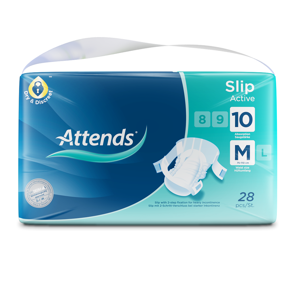 Produktbild der Attends Slip Active 10, Medium, Inkontinenzslips. Die Schutzhose ist in einer hellen, pastellblauen Farbe und hat eine anatomische Form, die sich dem Körper anpasst. Auf dem Bild sind die Seitenteile und das elastische Bündchen gut zu erkennen, die zusätzlichen Halt bieten. Die Oberflächenstruktur ist weich und atmungsaktiv. Ein leicht schimmerndes Material weist auf eine hohe Qualität hin. Im Hintergrund ist ein neutraler Farbton zu sehen, der das Produkt hervorhebt.