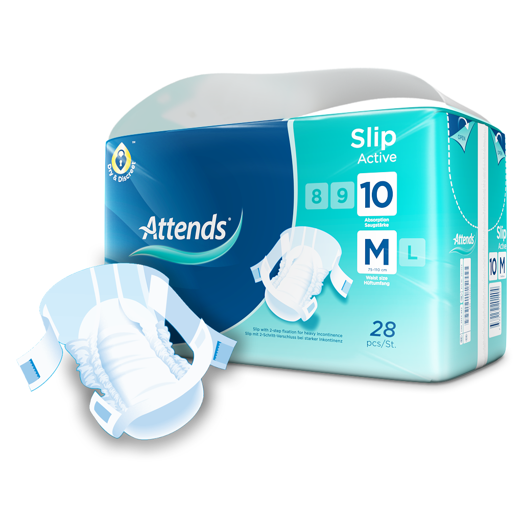 Alt-Text: „Produktbild der Attends Slip Active 10 Medium Inkontinenzslips. Die Verpackung zeigt einen hochwertigen Inkontinenzslip in einer hellen, freundlichen Farbgebung. Das Design umfasst ansprechende Grafiken und zeigt das Produkt mit einem klaren Hinweis auf die Größe 'Medium'. Die Rückseite der Verpackung enthält wichtige Informationen zur Anwendung und den Tragekomfort. Die Slips sind für aktive Nutzer konzipiert, bieten hohen Schutz und Sicherheit.