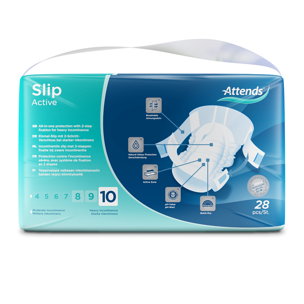 Ein Bild von einem Inkontinenzslip der Marke Attends, Modell Slip Active 10, in der Größe Medium. Der Slip ist in einem hellen, sanften Blau gehalten und zeigt das Logo von Attends auf der Vorderseite. Die Verpackung des Produkts ist teilweise sichtbar und hebt die Flexibilität und Saugfähigkeit des Slips hervor. Über den Slip hinaus sind Informationen zu den Vorteilen der Verwendung abgedruckt. Der Hintergrund ist schlicht und hell, wodurch der Fokus auf dem Produkt liegt.