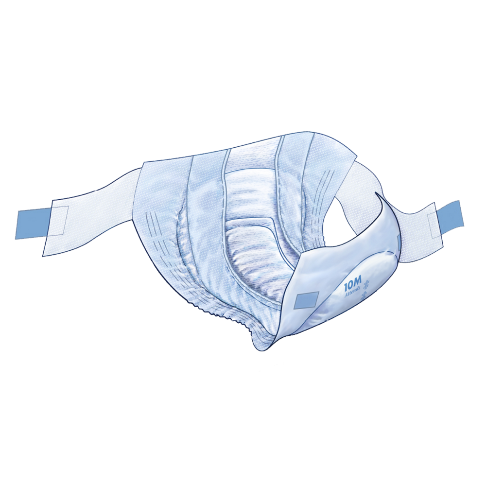 Ein Produktbild zeigt die Attends Slip Active 10 Medium Inkontinenzslips, die in einer transparenten Verpackung präsentiert werden. Die Slips sind weiß und besitzen elastische Bündchen an den Seiten für sicheren Sitz und maximalen Komfort. Auf der Vorderseite sind Informationen zur Größe und zur Absorptionskapazität abgebildet. Der Hintergrund ist hell und hebt die Slips hervor.