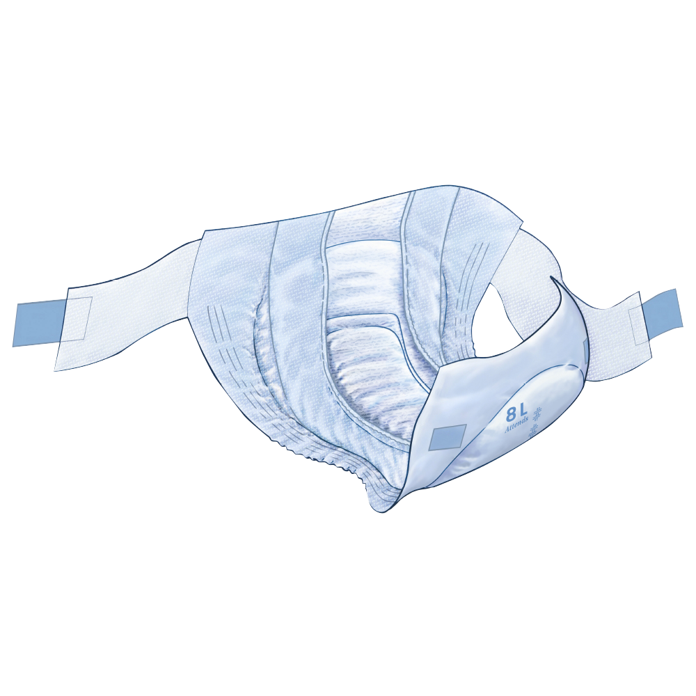 Alt-Text: Inkontinenzslips von Attends, Modell Active 8, Größe Large, im Vordergrund abgebildet. Die Slips sind in einem hellen Blau gehalten und besitzen elastische Bündchen für besseren Sitz und Komfort. Auf der Verpackung sind klare Informationen zum Produkt zu sehen, darunter das Logo von Attends, die Größe, sowie Hinweise zur Saugfähigkeit und Verwendung. Der Hintergrund ist neutral gehalten, um die Aufmerksamkeit auf die Slips zu lenken.